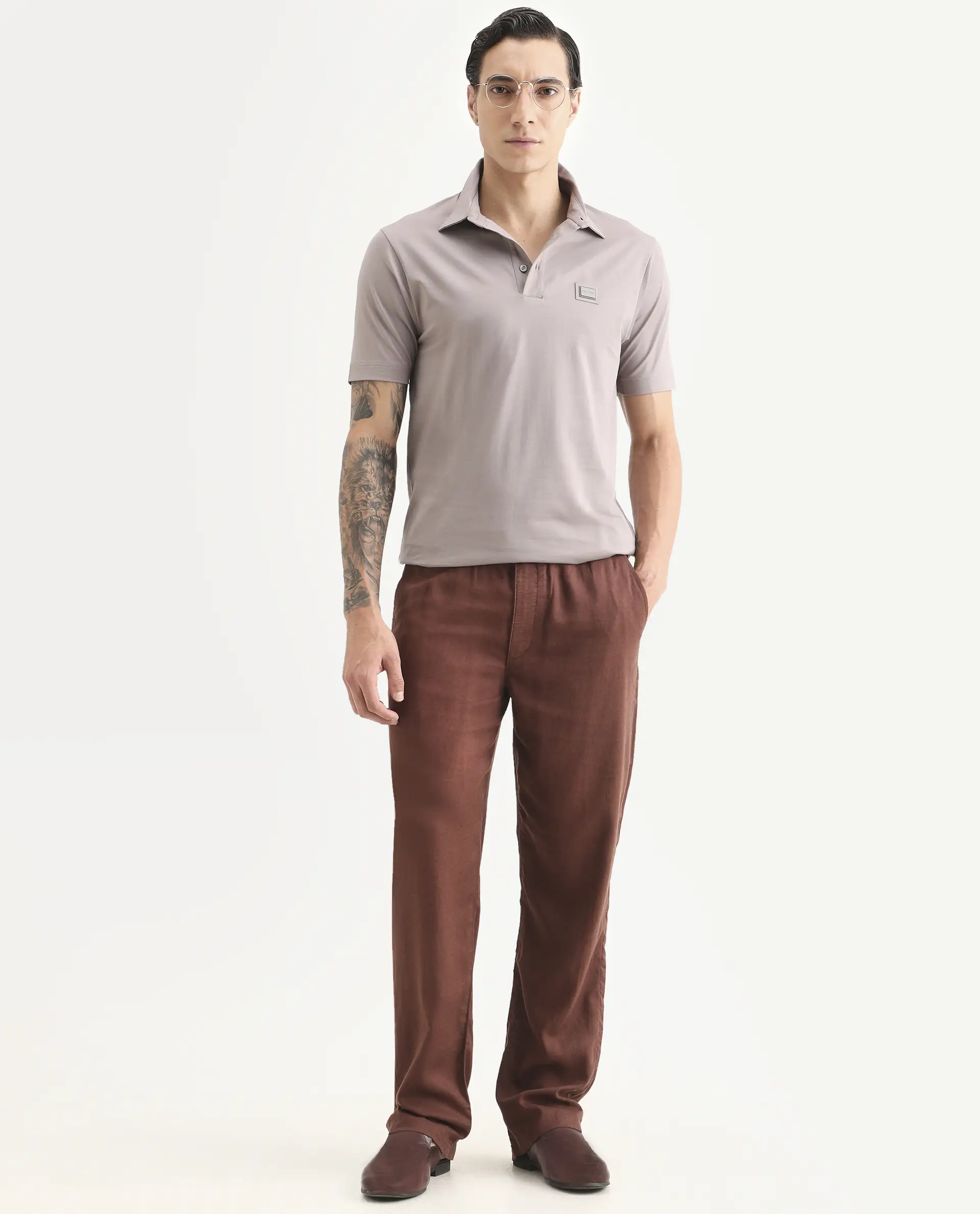 Rare Rabbit Men's Badger-S26 Dusky Purple Cotton Blend Fabric Half Sleeve Spread Collar Regular Fit Plain Polo - Image 2