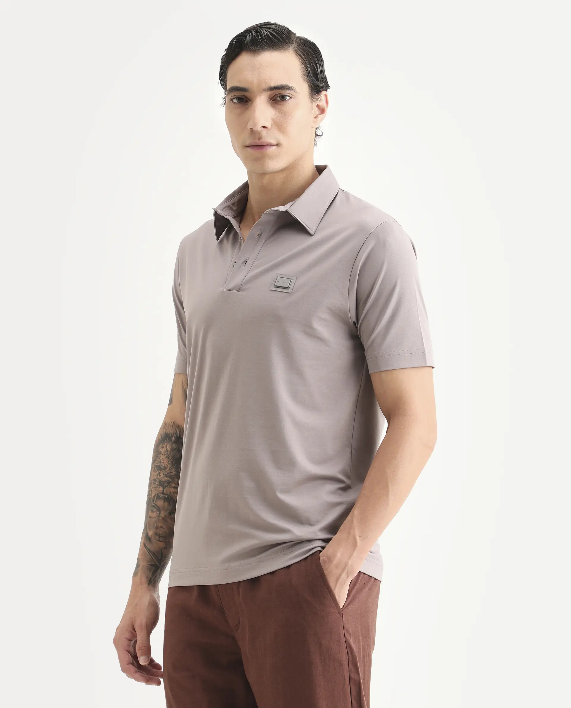 Rare Rabbit Men's Badger-S26 Dusky Purple Cotton Blend Fabric Half Sleeve Spread Collar Regular Fit Plain Polo - Image 4