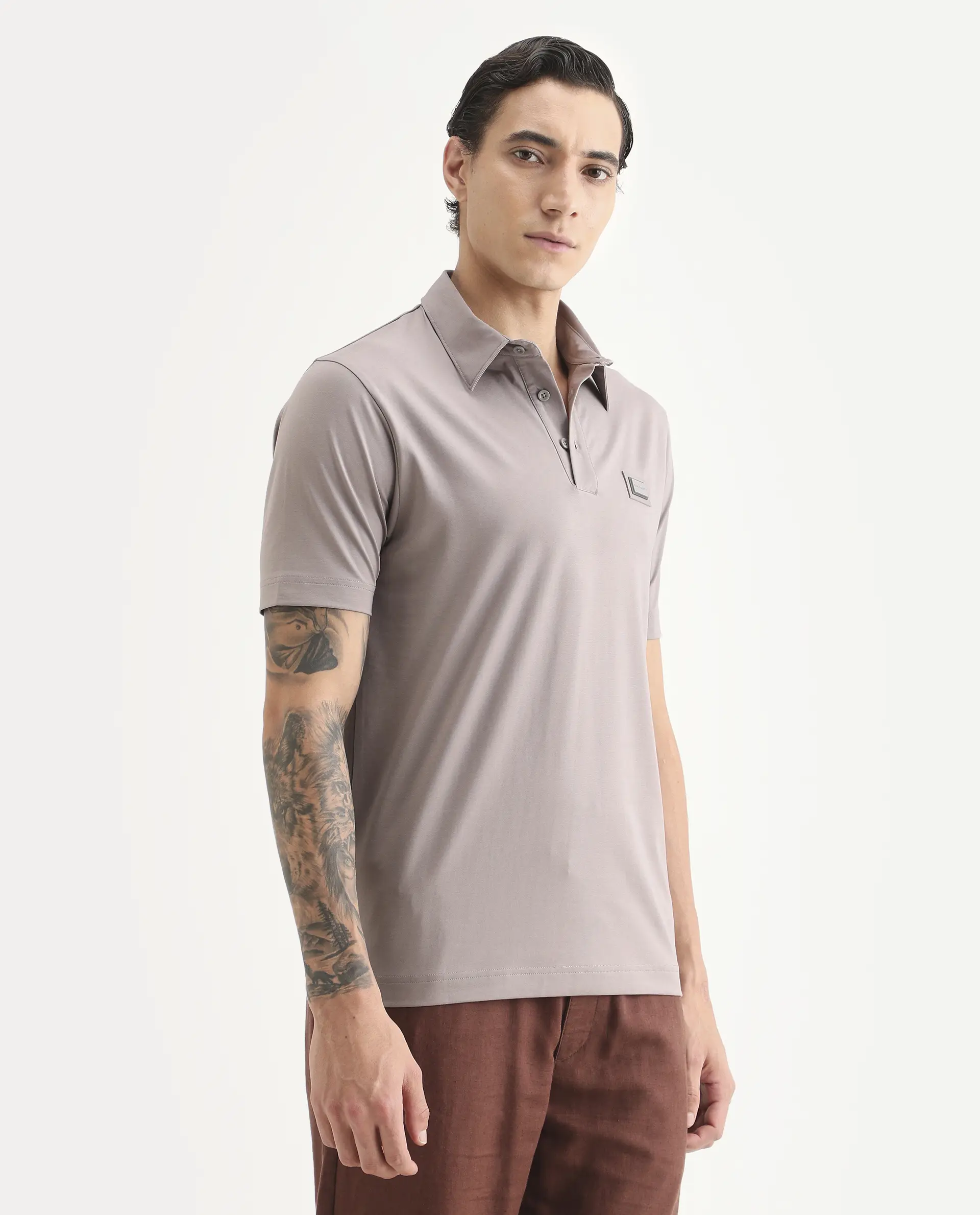 Rare Rabbit Men's Badger-S26 Dusky Purple Cotton Blend Fabric Half Sleeve Spread Collar Regular Fit Plain Polo - Image 5