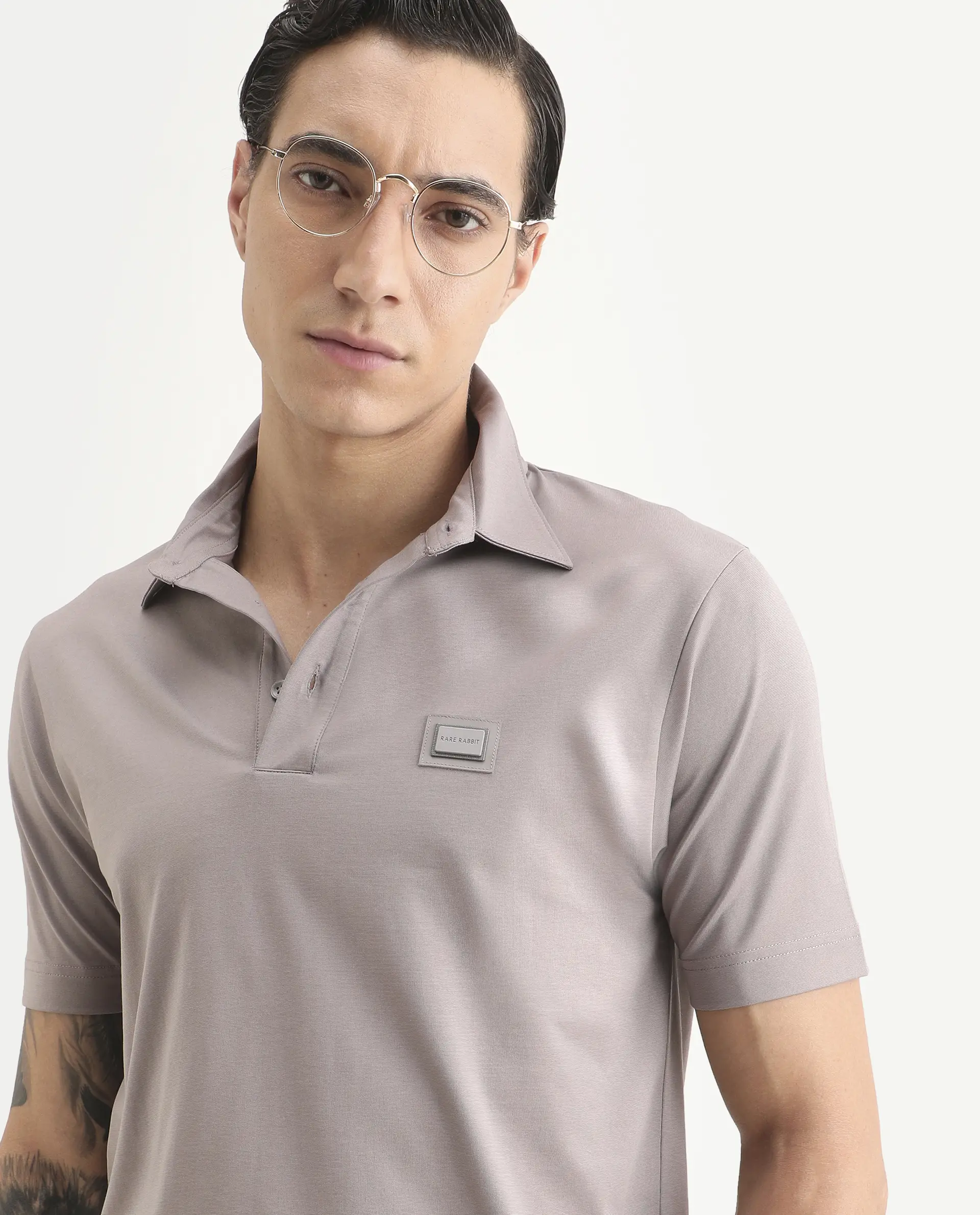 Rare Rabbit Men's Badger-S26 Dusky Purple Cotton Blend Fabric Half Sleeve Spread Collar Regular Fit Plain Polo - Image 7