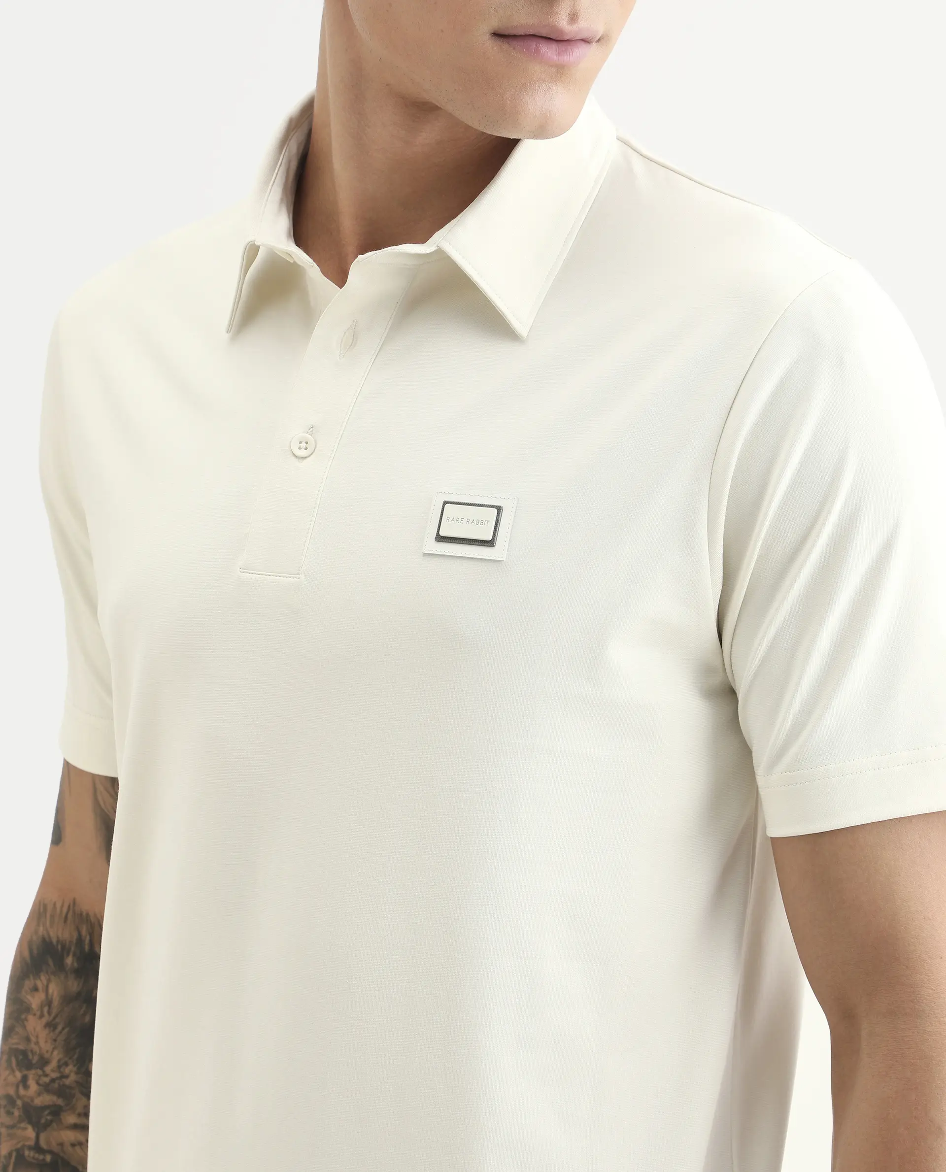 Rare Rabbit Men's Badger-S26 Off White Cotton Blend Fabric Half Sleeve Spread Collar Regular Fit Plain Polo - Image 3