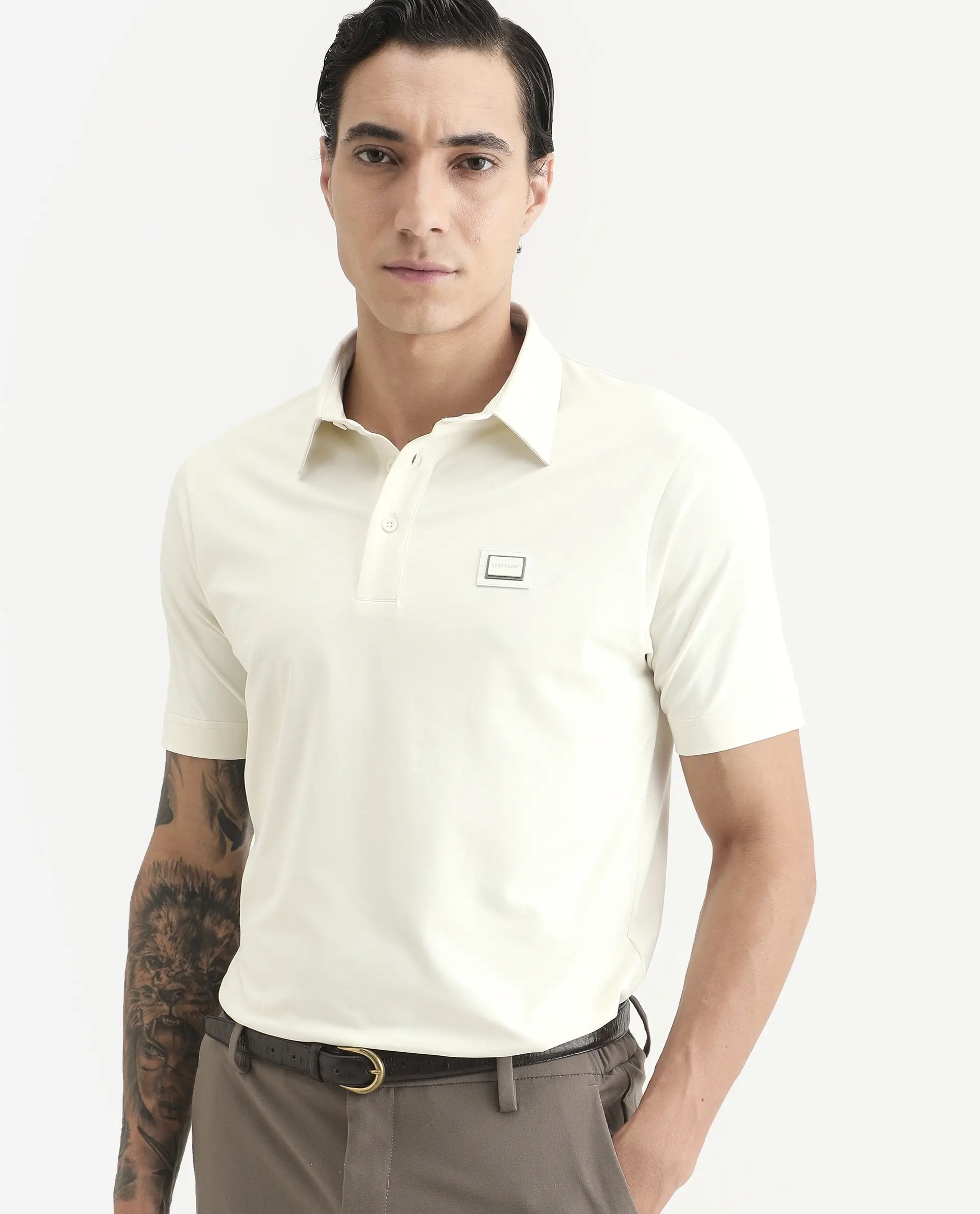 Rare Rabbit Men's Badger-S26 Off White Cotton Blend Fabric Half Sleeve Spread Collar Regular Fit Plain Polo - Image 4