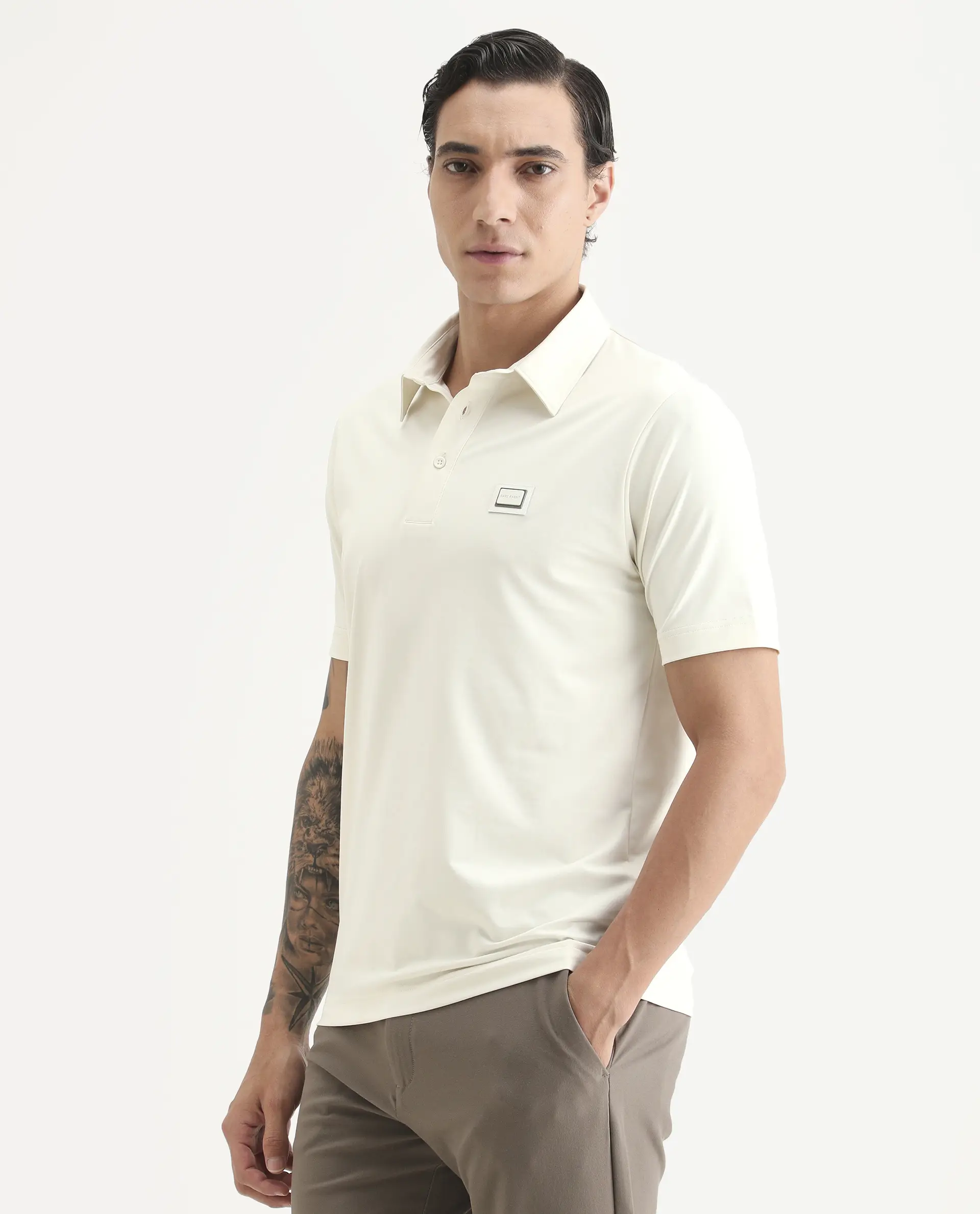 Rare Rabbit Men's Badger-S26 Off White Cotton Blend Fabric Half Sleeve Spread Collar Regular Fit Plain Polo - Image 5
