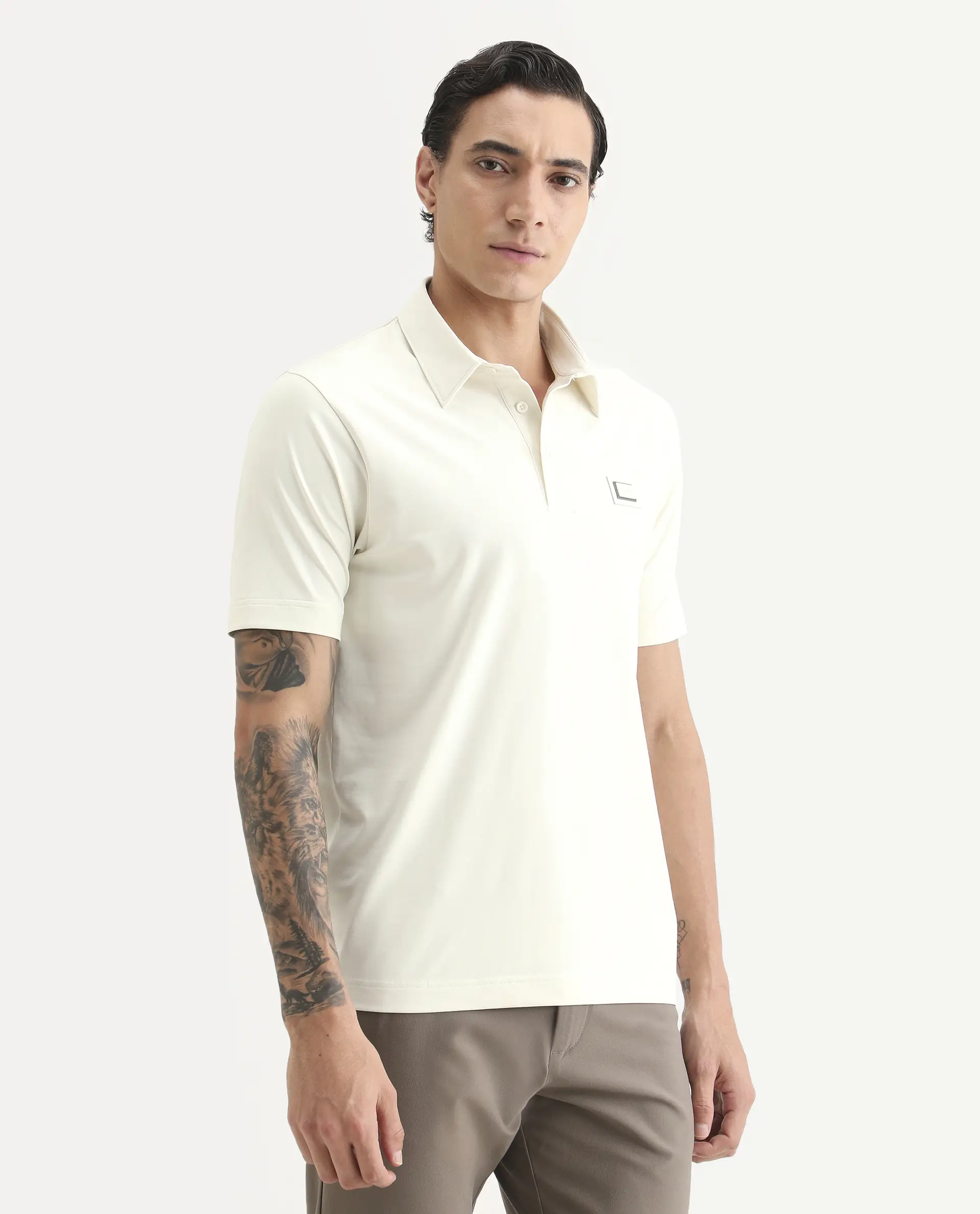 Rare Rabbit Men's Badger-S26 Off White Cotton Blend Fabric Half Sleeve Spread Collar Regular Fit Plain Polo - Image 6