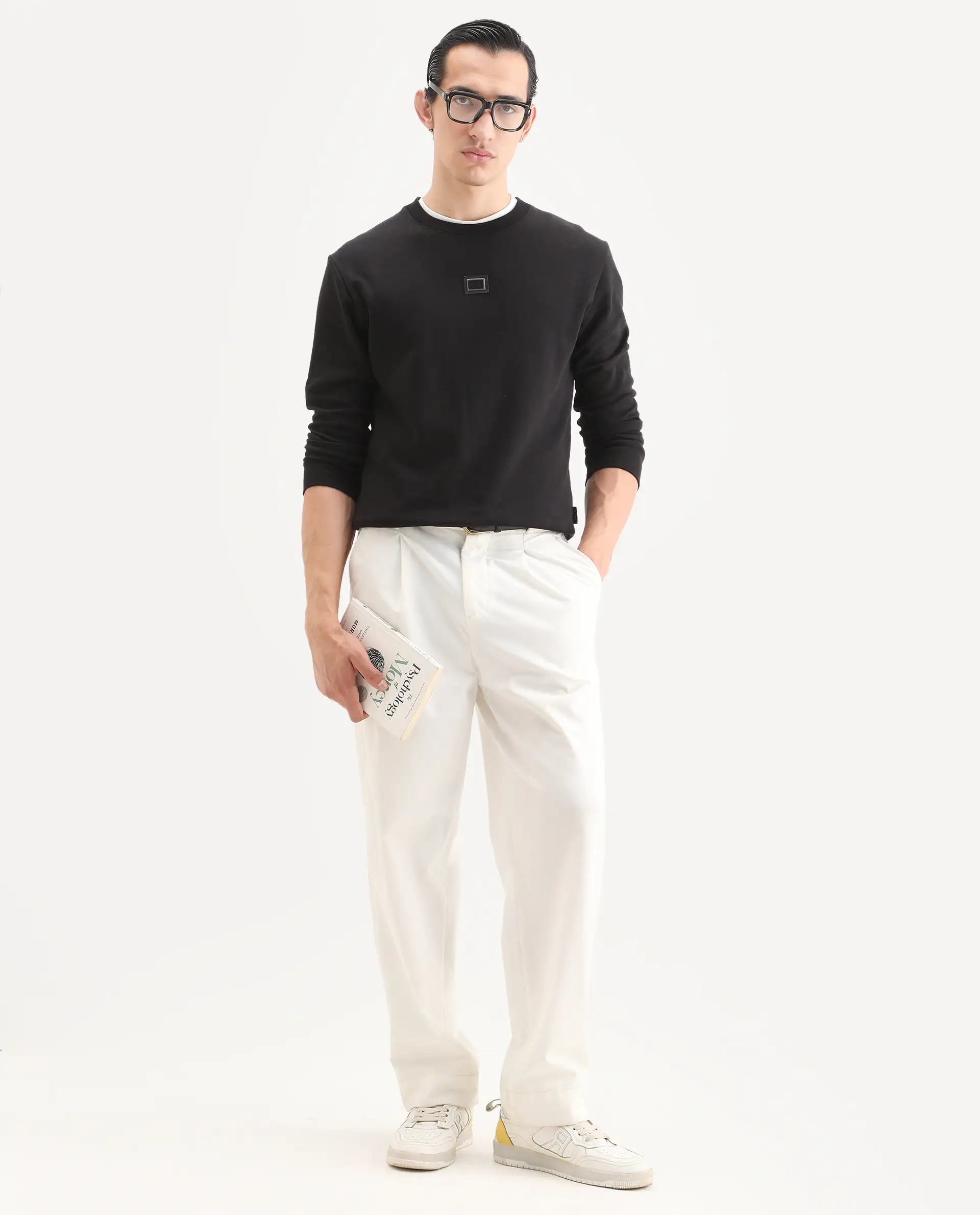 Rare Rabbit Men's Badget-25 Black Cotton Blend Badge Print Regular Fit Full Sleeve Crew Neck Sweatshirt - Image 2