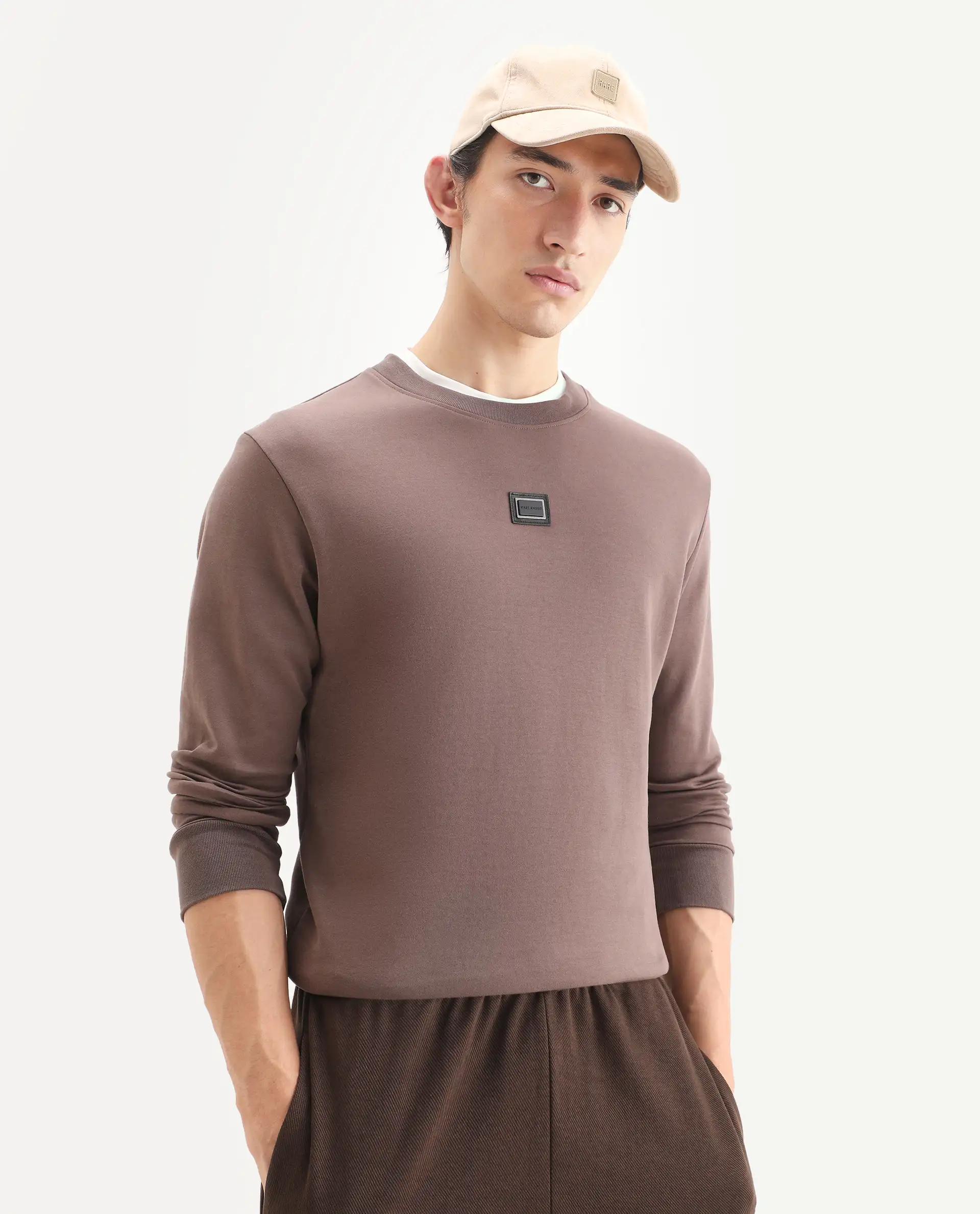 Rare Rabbit Men's Badget-25 Dusky Brown Cotton Blend Badge Print Regular Fit Full Sleeve Crew Neck Sweatshirt