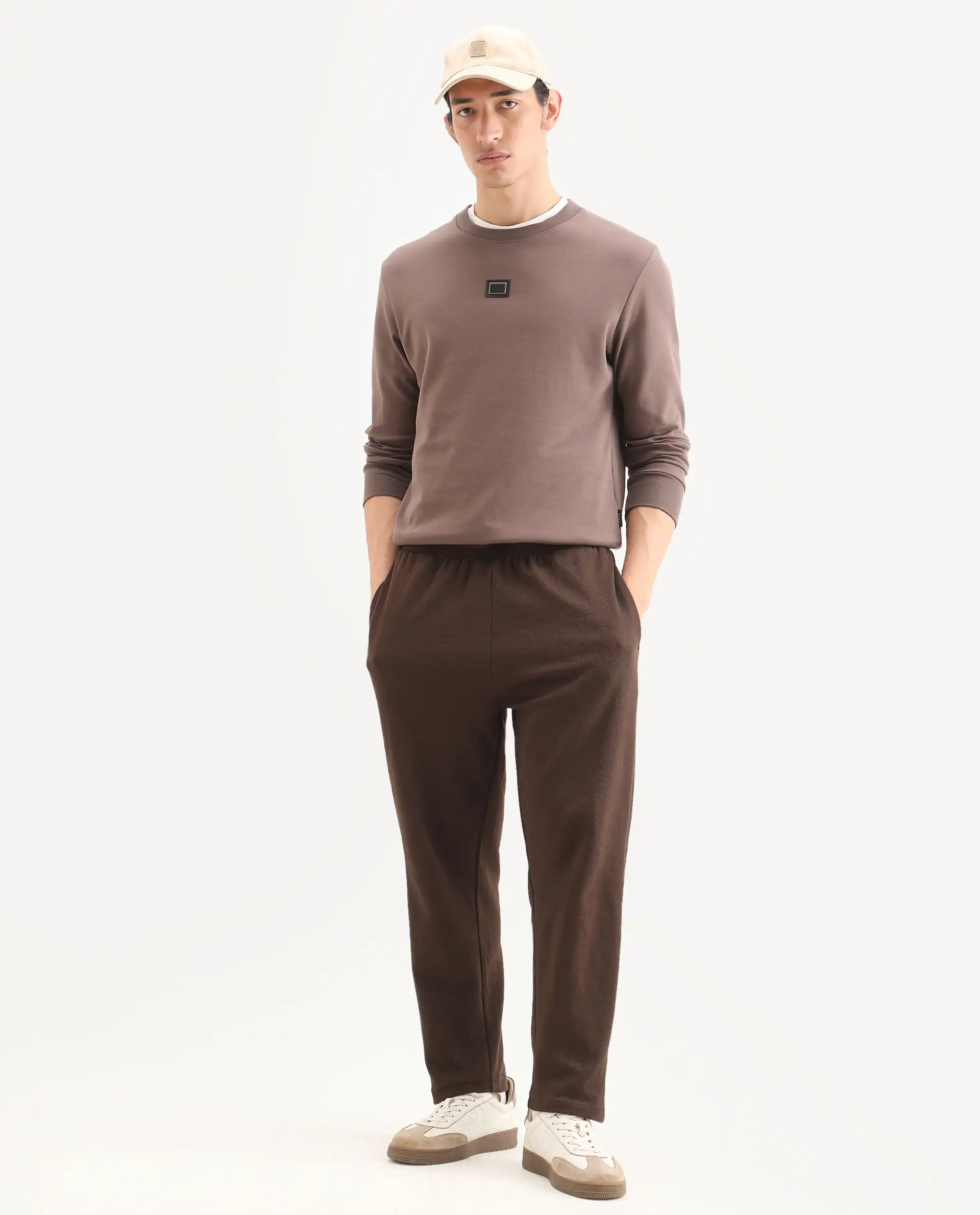 Rare Rabbit Men's Badget-25 Dusky Brown Cotton Blend Badge Print Regular Fit Full Sleeve Crew Neck Sweatshirt - Image 2