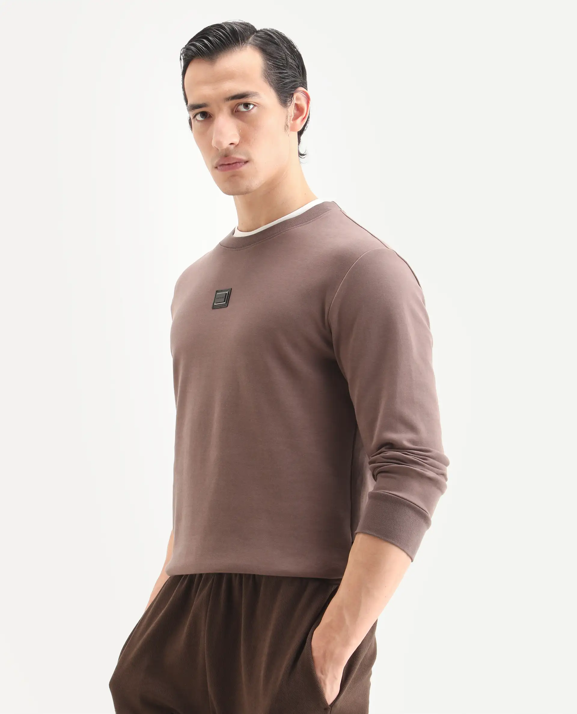 Rare Rabbit Men's Badget-25 Dusky Brown Cotton Blend Badge Print Regular Fit Full Sleeve Crew Neck Sweatshirt - Image 4