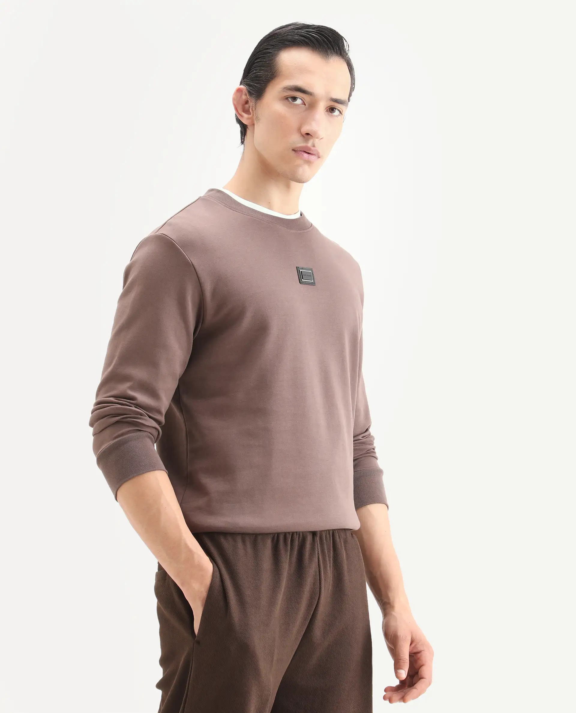 Rare Rabbit Men's Badget-25 Dusky Brown Cotton Blend Badge Print Regular Fit Full Sleeve Crew Neck Sweatshirt - Image 5