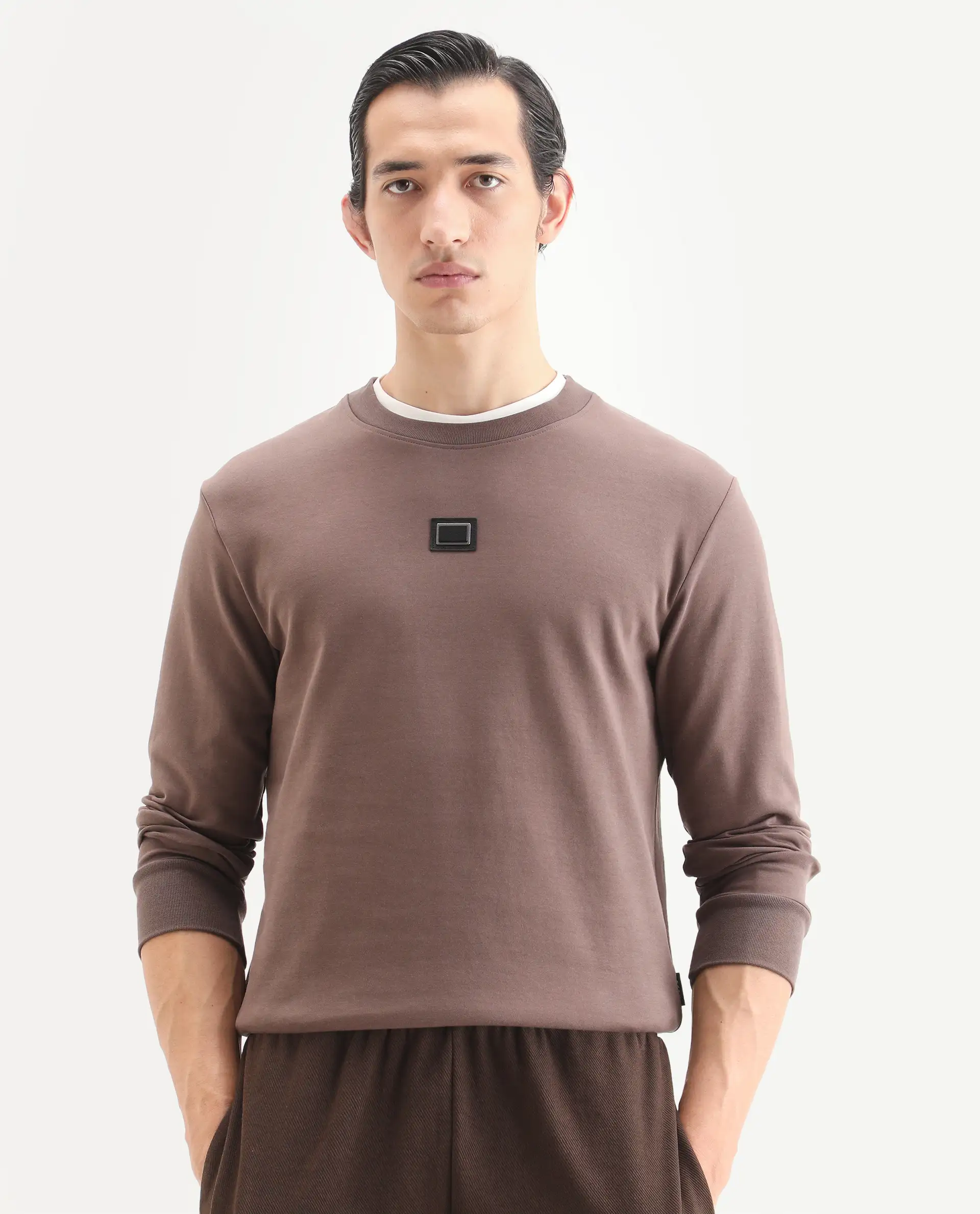 Rare Rabbit Men's Badget-25 Dusky Brown Cotton Blend Badge Print Regular Fit Full Sleeve Crew Neck Sweatshirt - Image 6