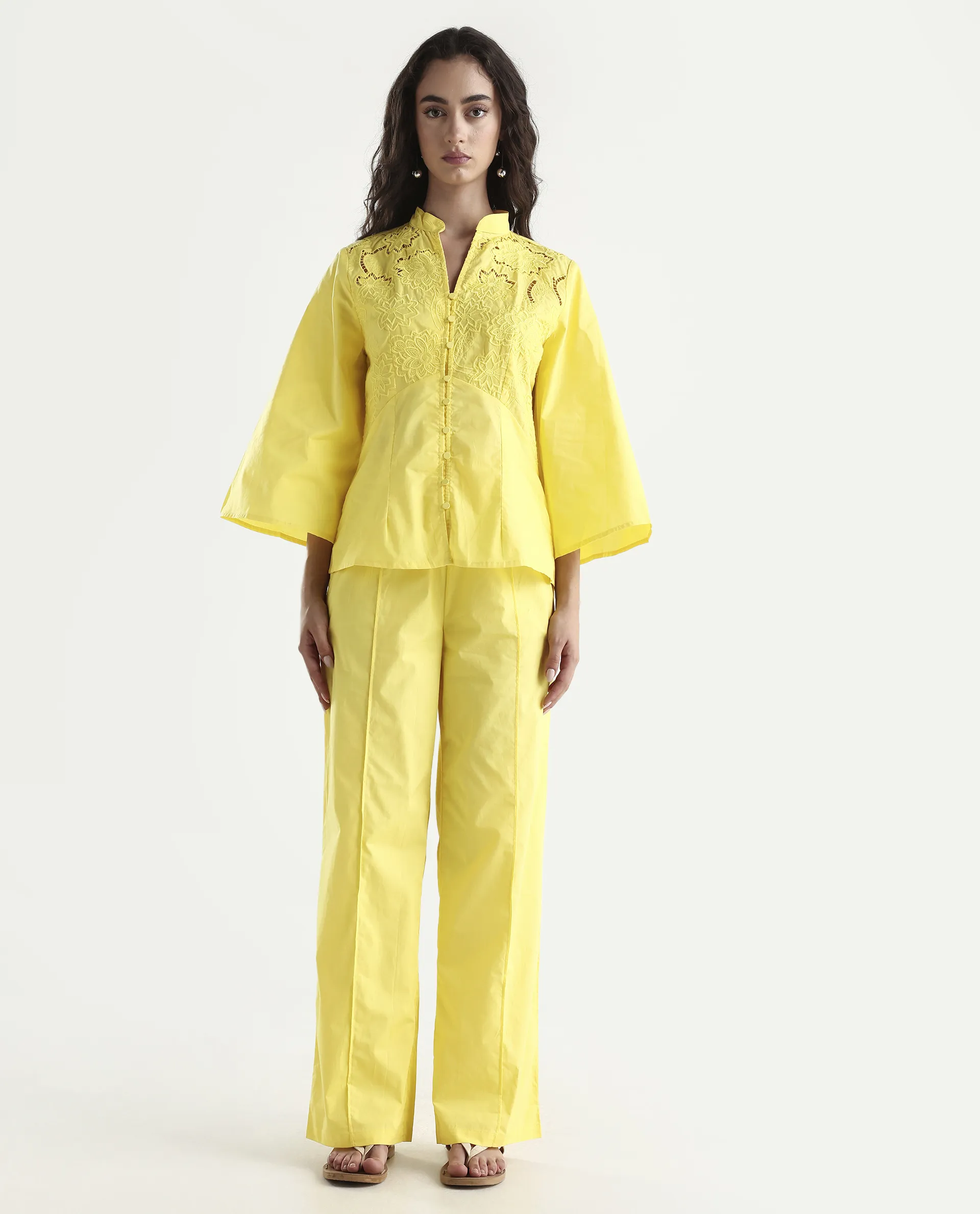 Rareism Women's Badgle-B Pastel Yellow Cotton Plain Ankle Length Straight Fit Trouser - Image 2
