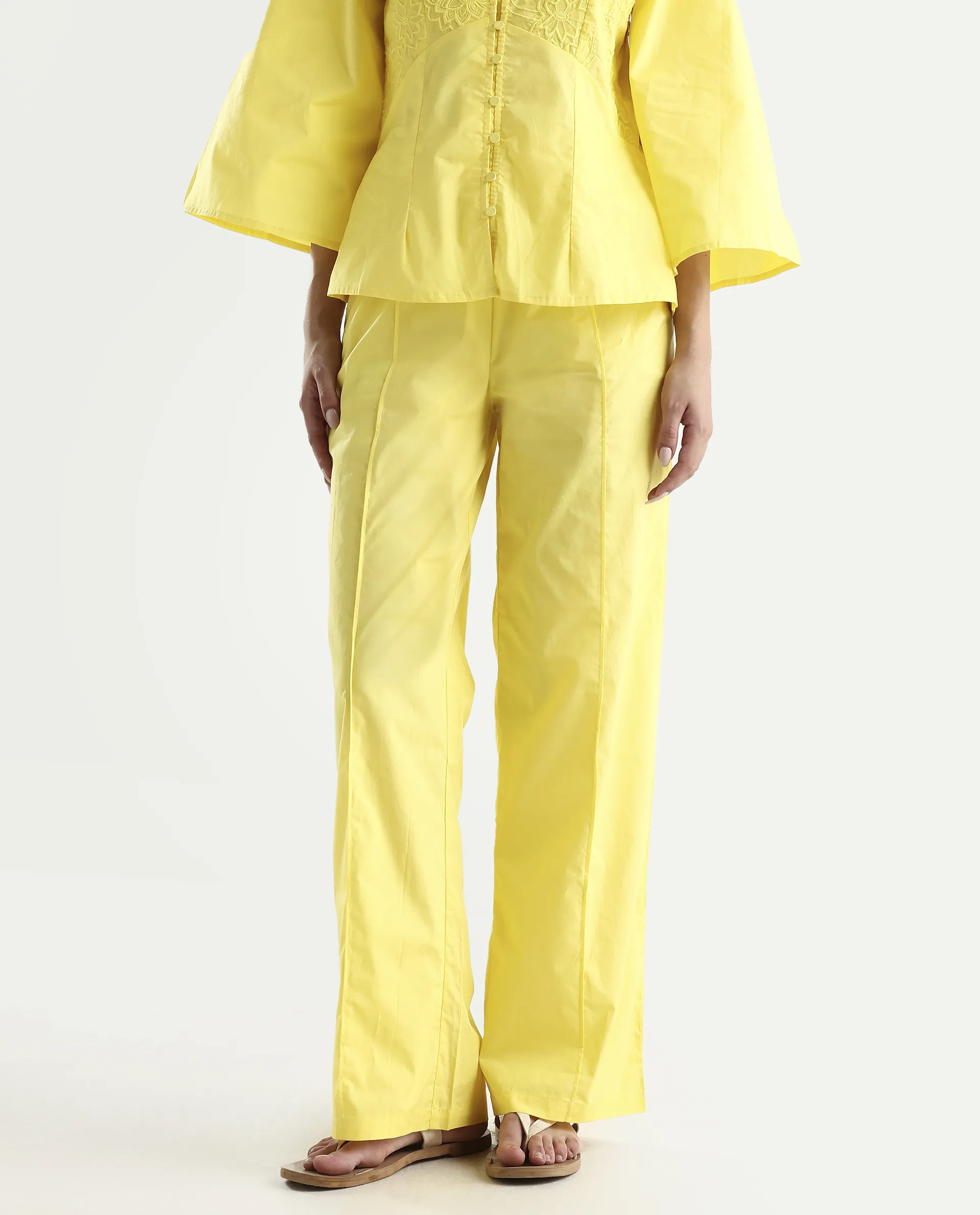 Rareism Women's Badgle-B Pastel Yellow Cotton Plain Ankle Length Straight Fit Trouser - Image 3