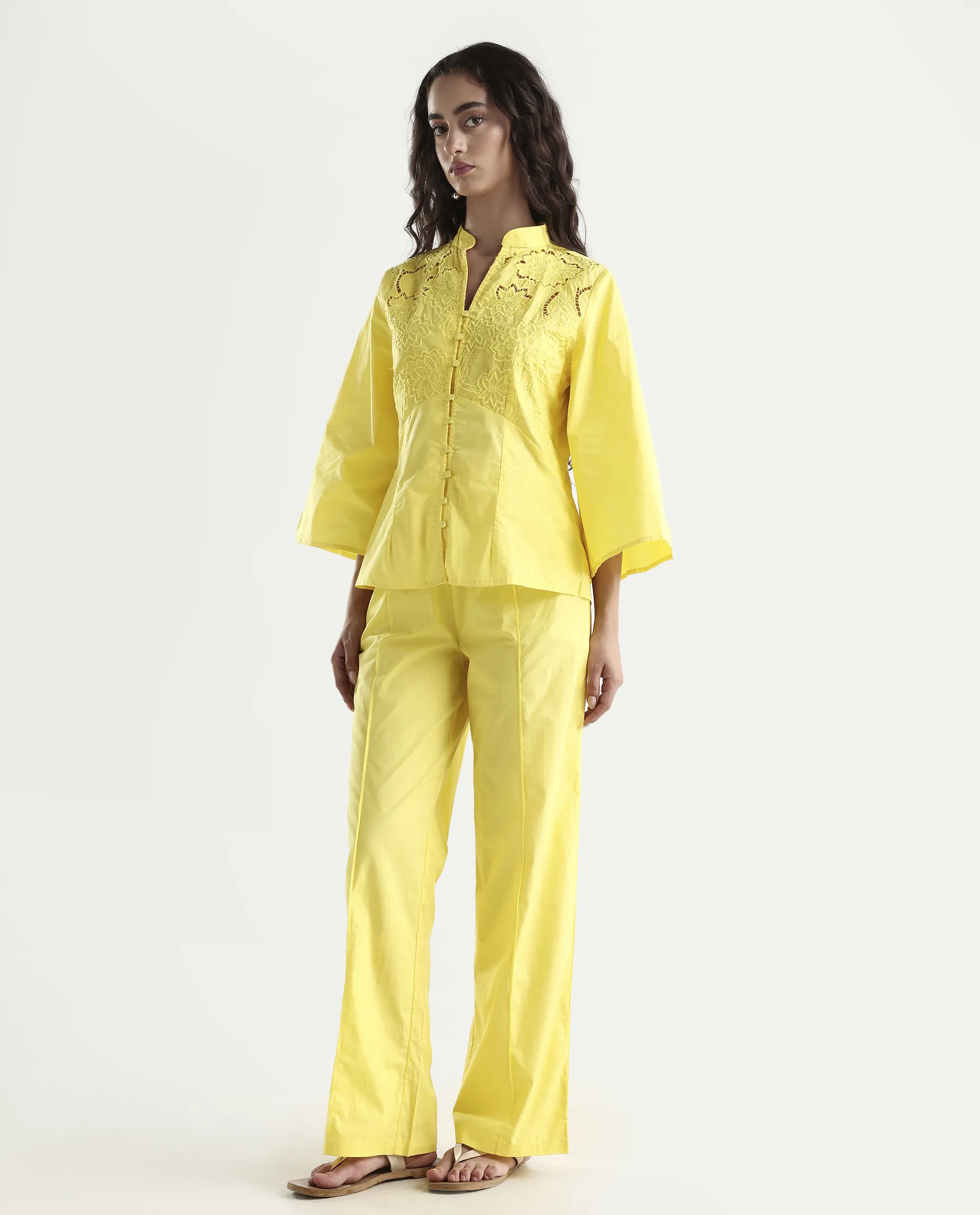 Rareism Women's Badgle-B Pastel Yellow Cotton Plain Ankle Length Straight Fit Trouser - Image 5