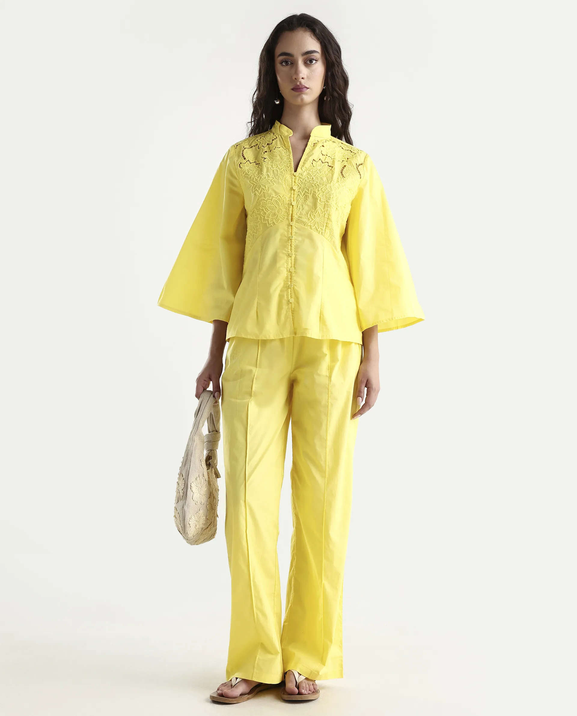 Rareism Women's Badgle-T Pastel Yellow Cotton Mandarin Collar Plain Cuffed Sleeve Regular Fit Top - Image 2
