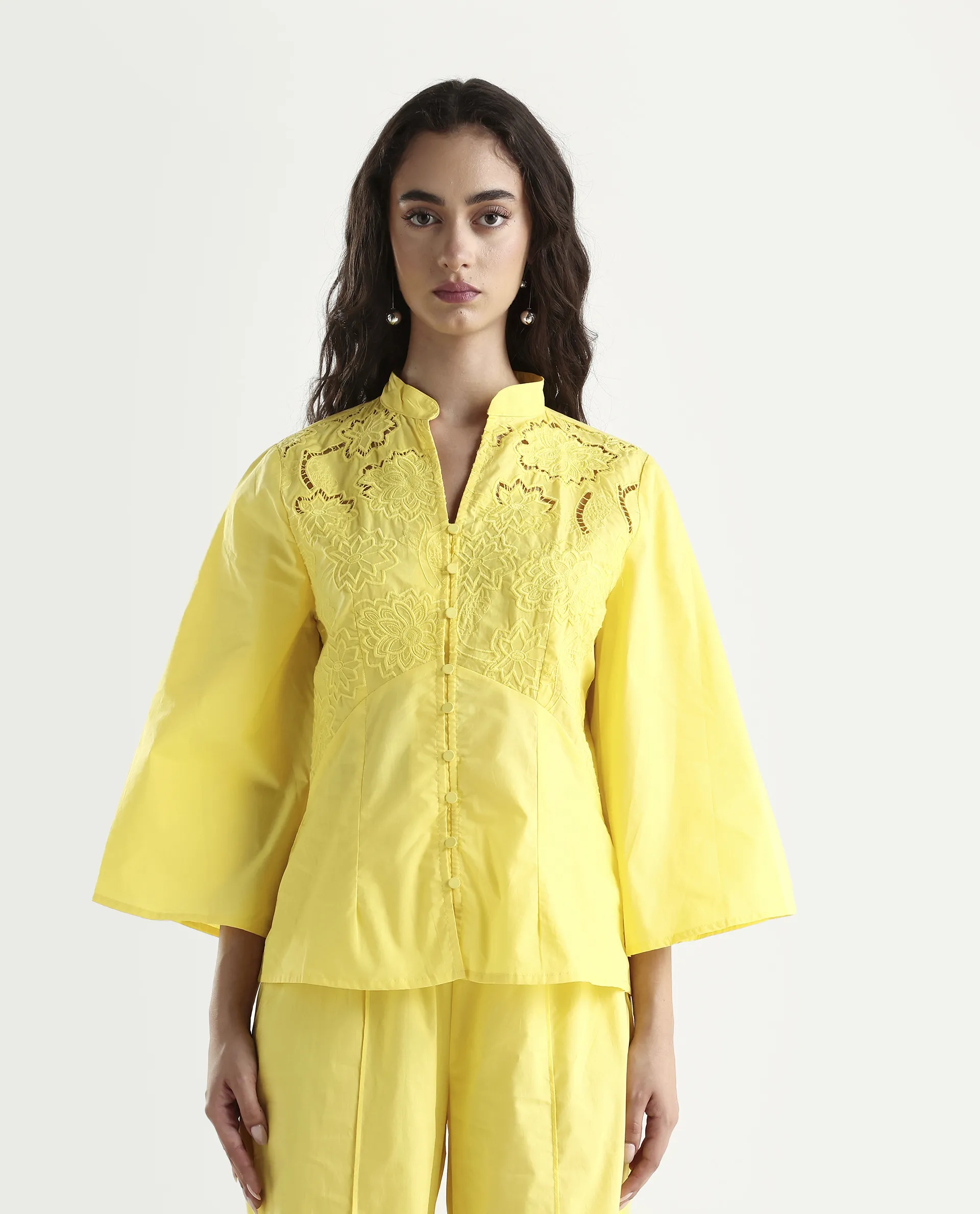Rareism Women's Badgle-T Pastel Yellow Cotton Mandarin Collar Plain Cuffed Sleeve Regular Fit Top - Image 3