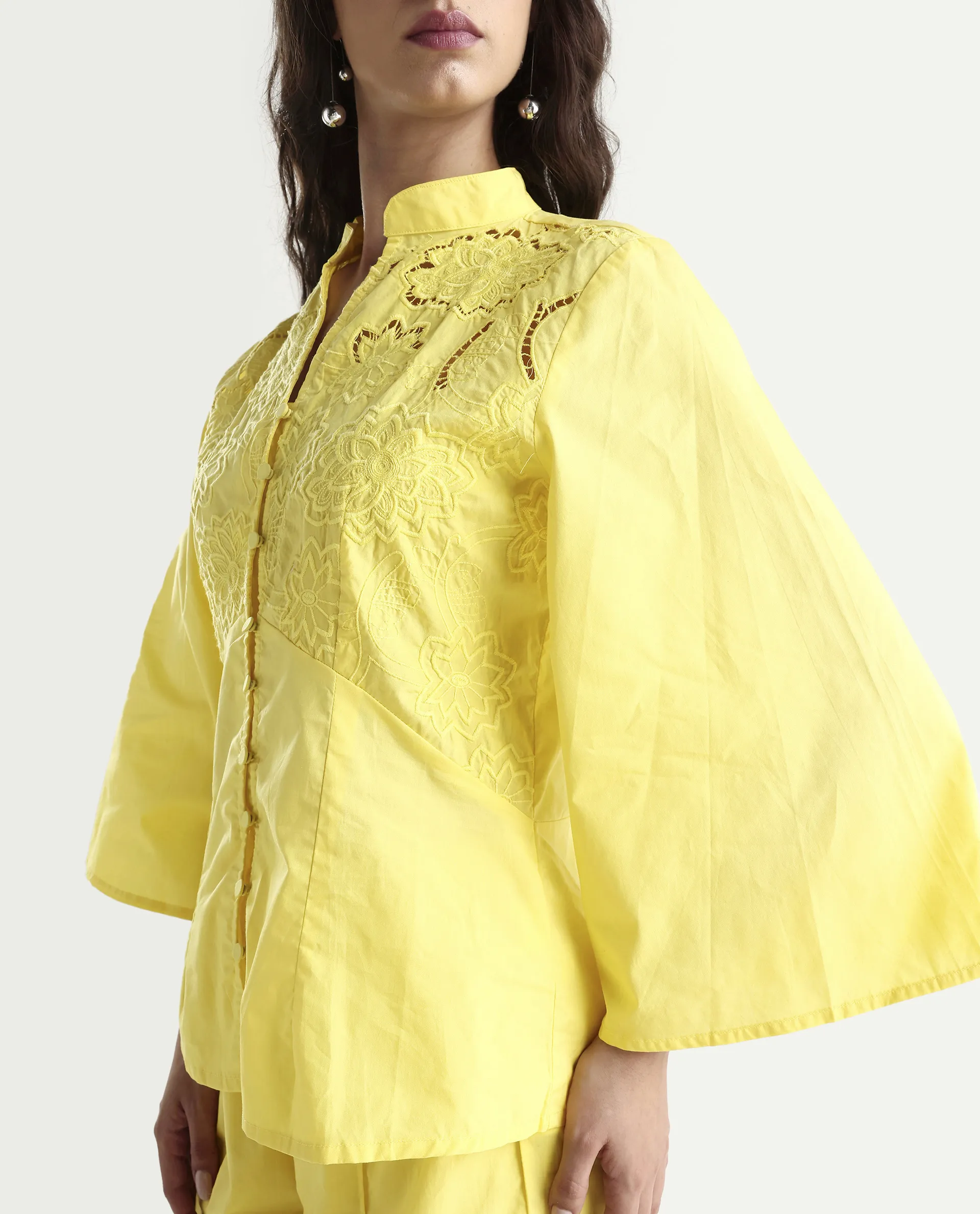 Rareism Women's Badgle-T Pastel Yellow Cotton Mandarin Collar Plain Cuffed Sleeve Regular Fit Top - Image 4