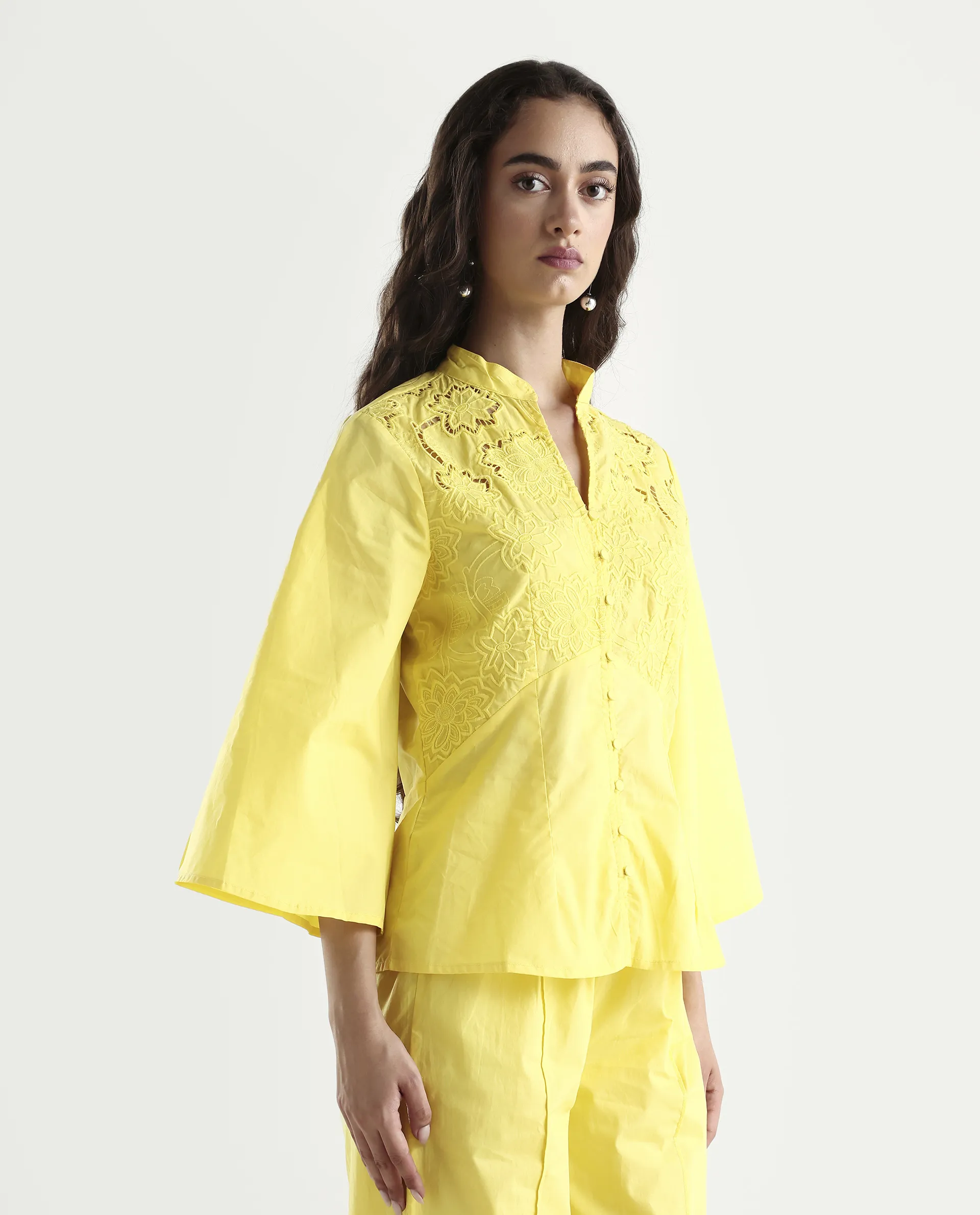 Rareism Women's Badgle-T Pastel Yellow Cotton Mandarin Collar Plain Cuffed Sleeve Regular Fit Top - Image 5