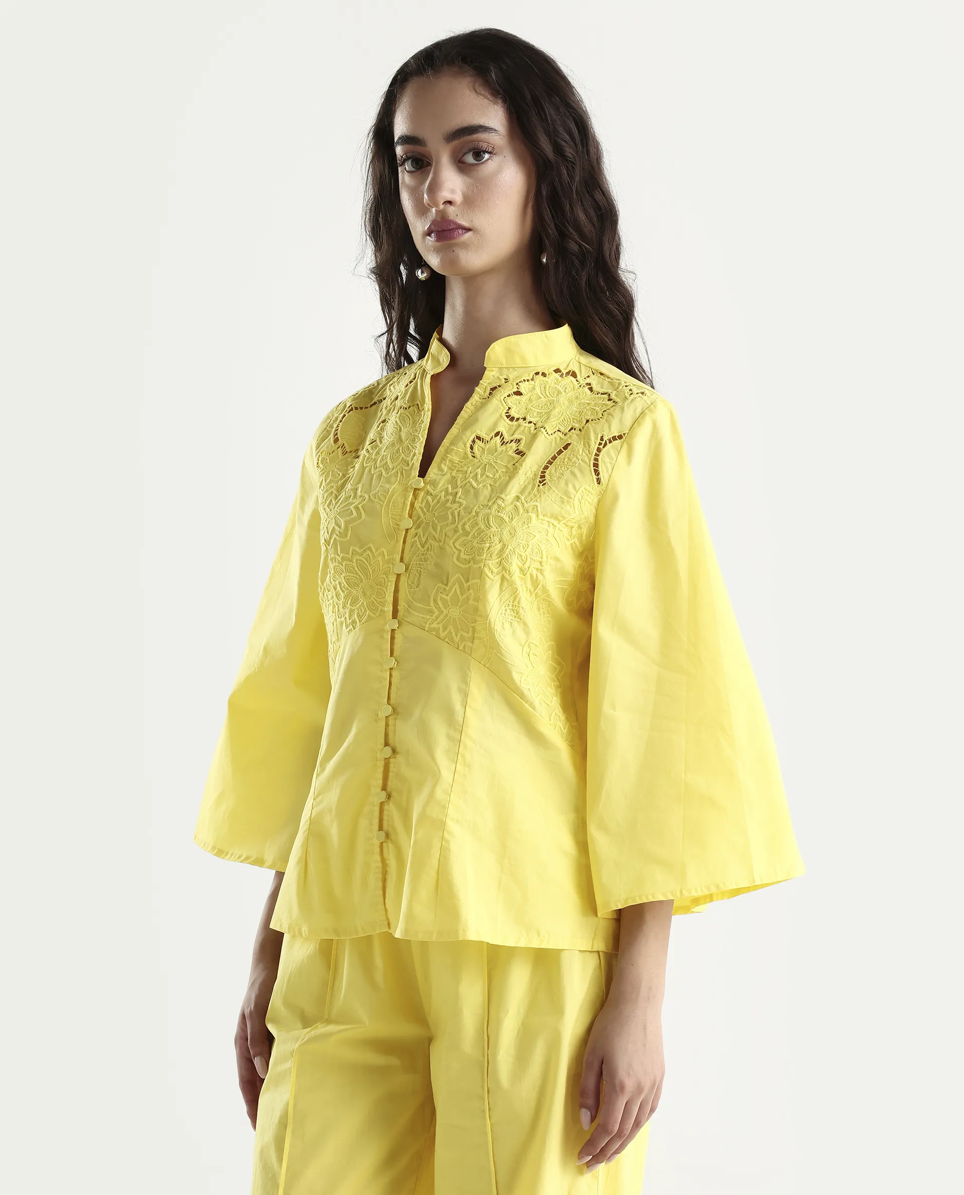 Rareism Women's Badgle-T Pastel Yellow Cotton Mandarin Collar Plain Cuffed Sleeve Regular Fit Top - Image 6