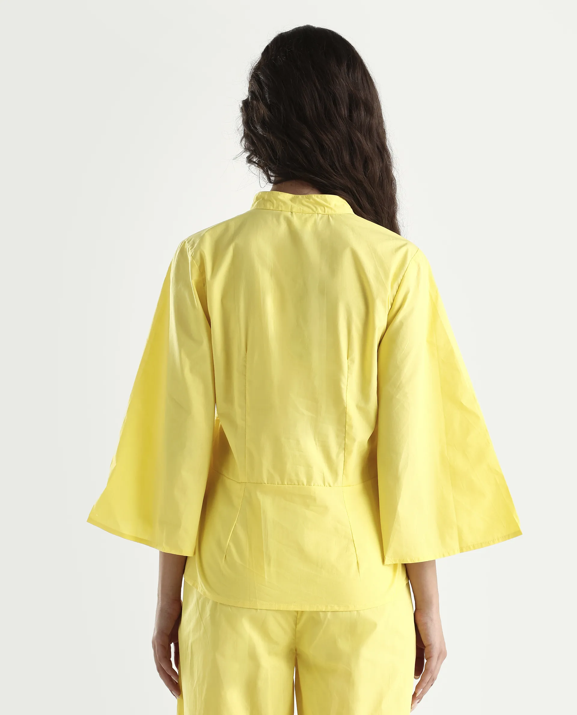 Rareism Women's Badgle-T Pastel Yellow Cotton Mandarin Collar Plain Cuffed Sleeve Regular Fit Top - Image 7