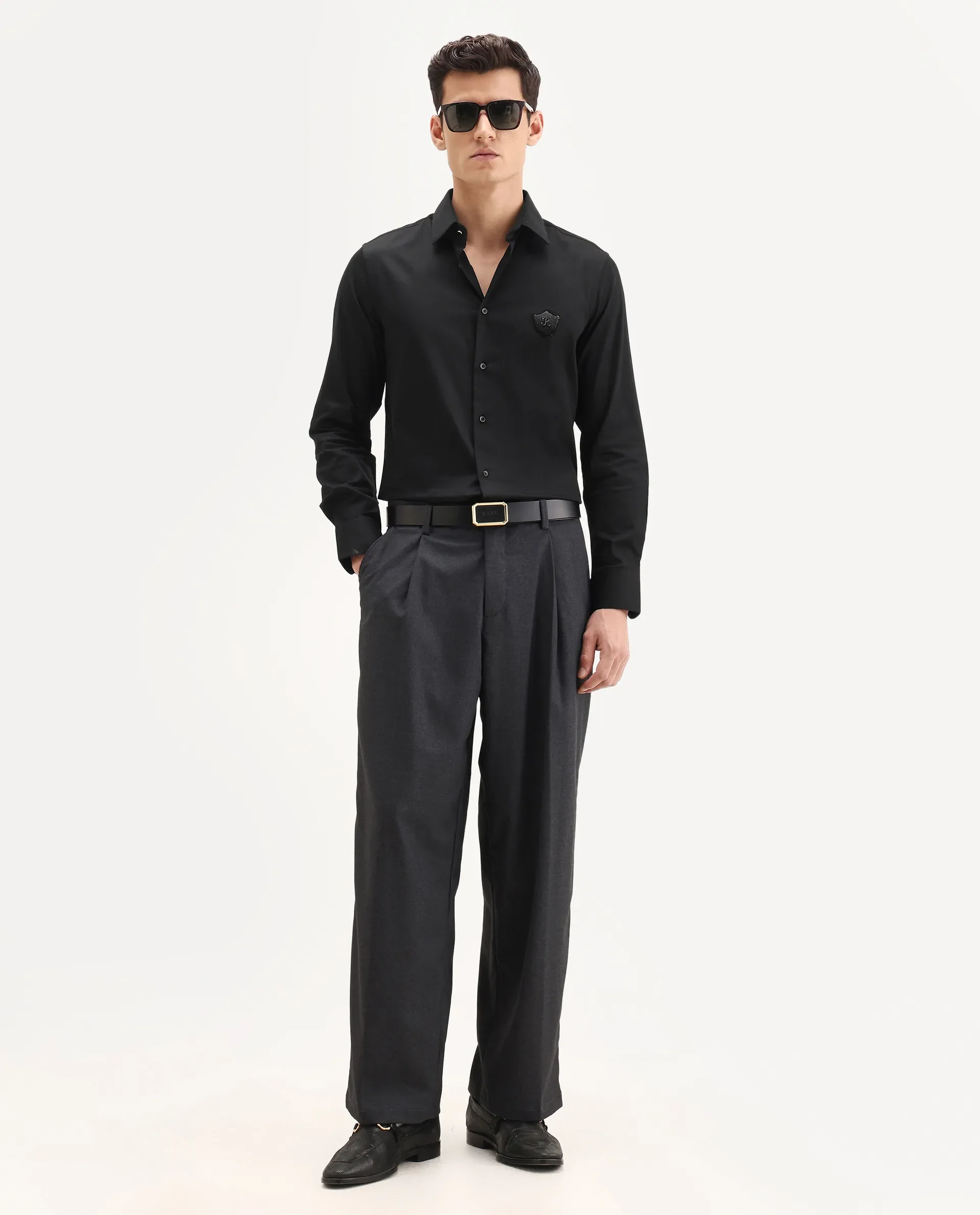 Rare Rabbit Men's Badgo Black Cotton Fabric Spread Collar Regular Fit Plain Shirt - Image 2