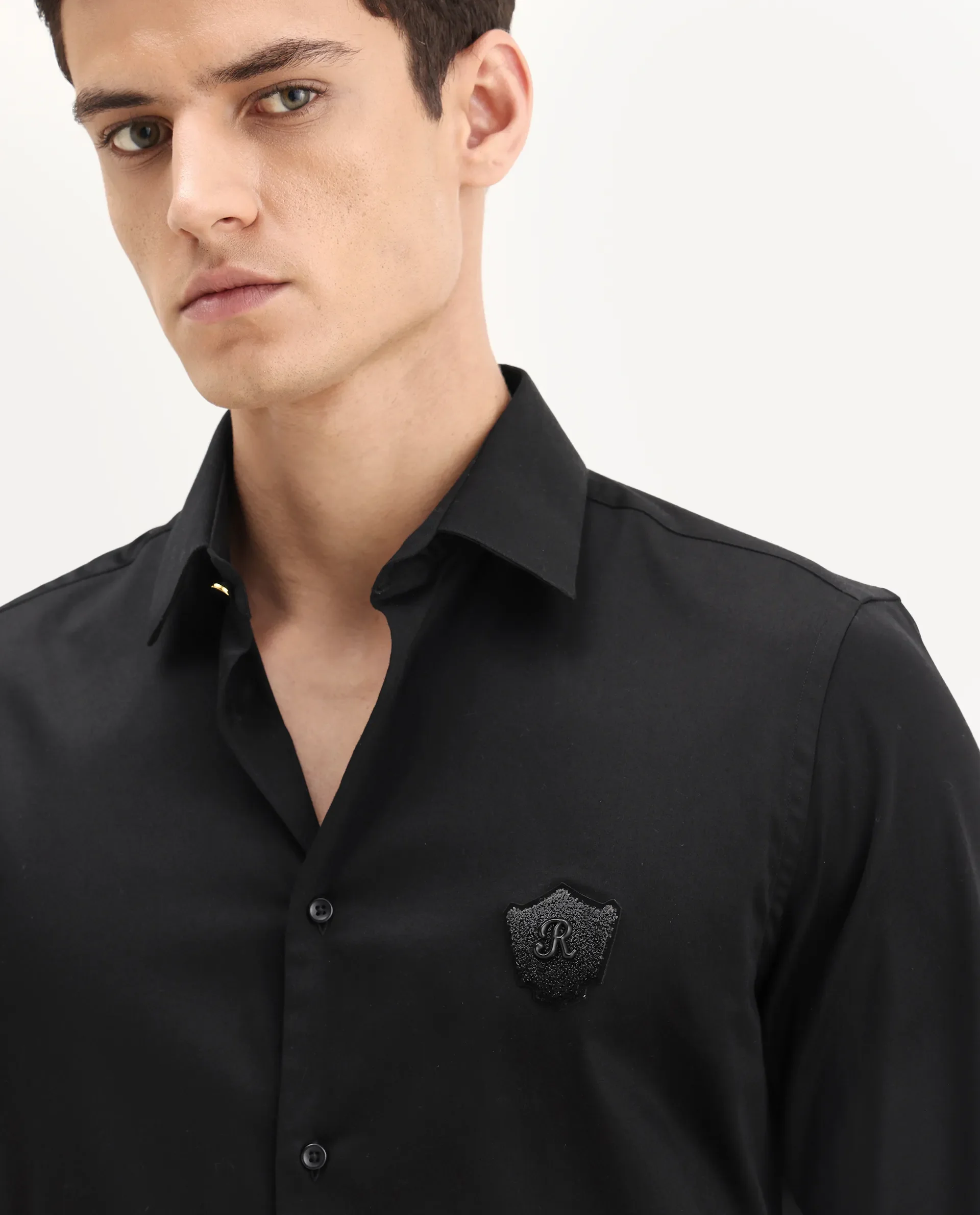 Rare Rabbit Men's Badgo Black Cotton Fabric Spread Collar Regular Fit Plain Shirt - Image 3