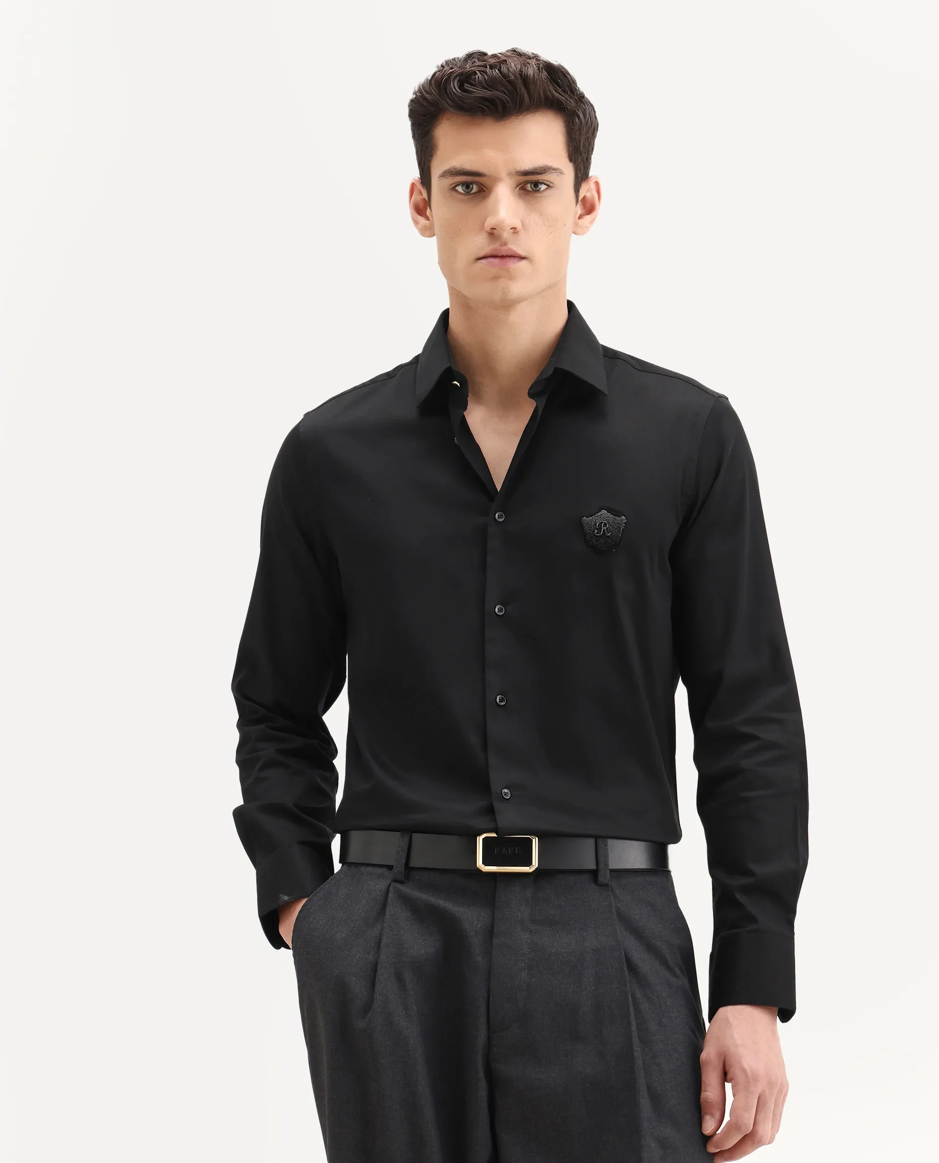 Rare Rabbit Men's Badgo Black Cotton Fabric Spread Collar Regular Fit Plain Shirt - Image 4