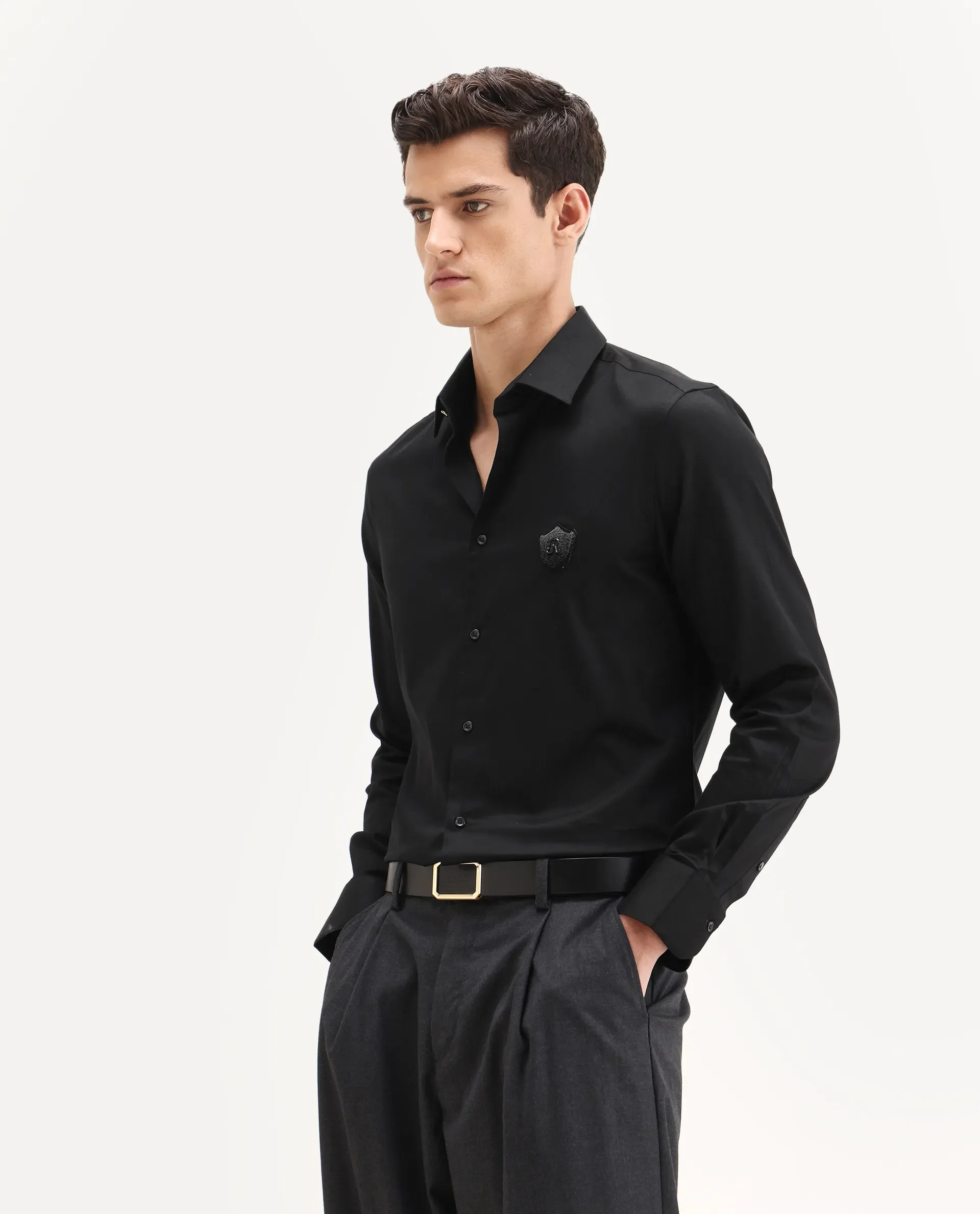 Rare Rabbit Men's Badgo Black Cotton Fabric Spread Collar Regular Fit Plain Shirt - Image 5