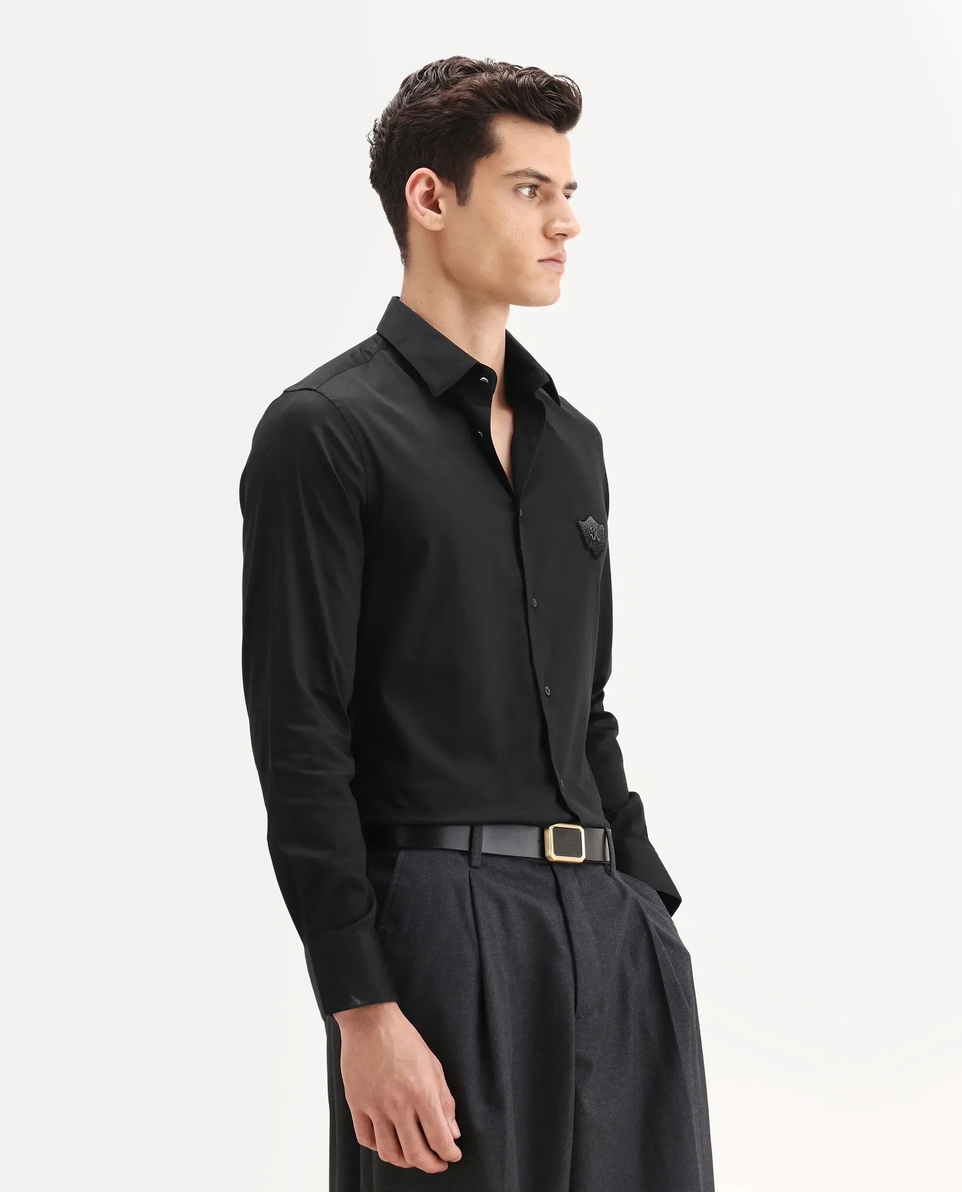 Rare Rabbit Men's Badgo Black Cotton Fabric Spread Collar Regular Fit Plain Shirt - Image 6