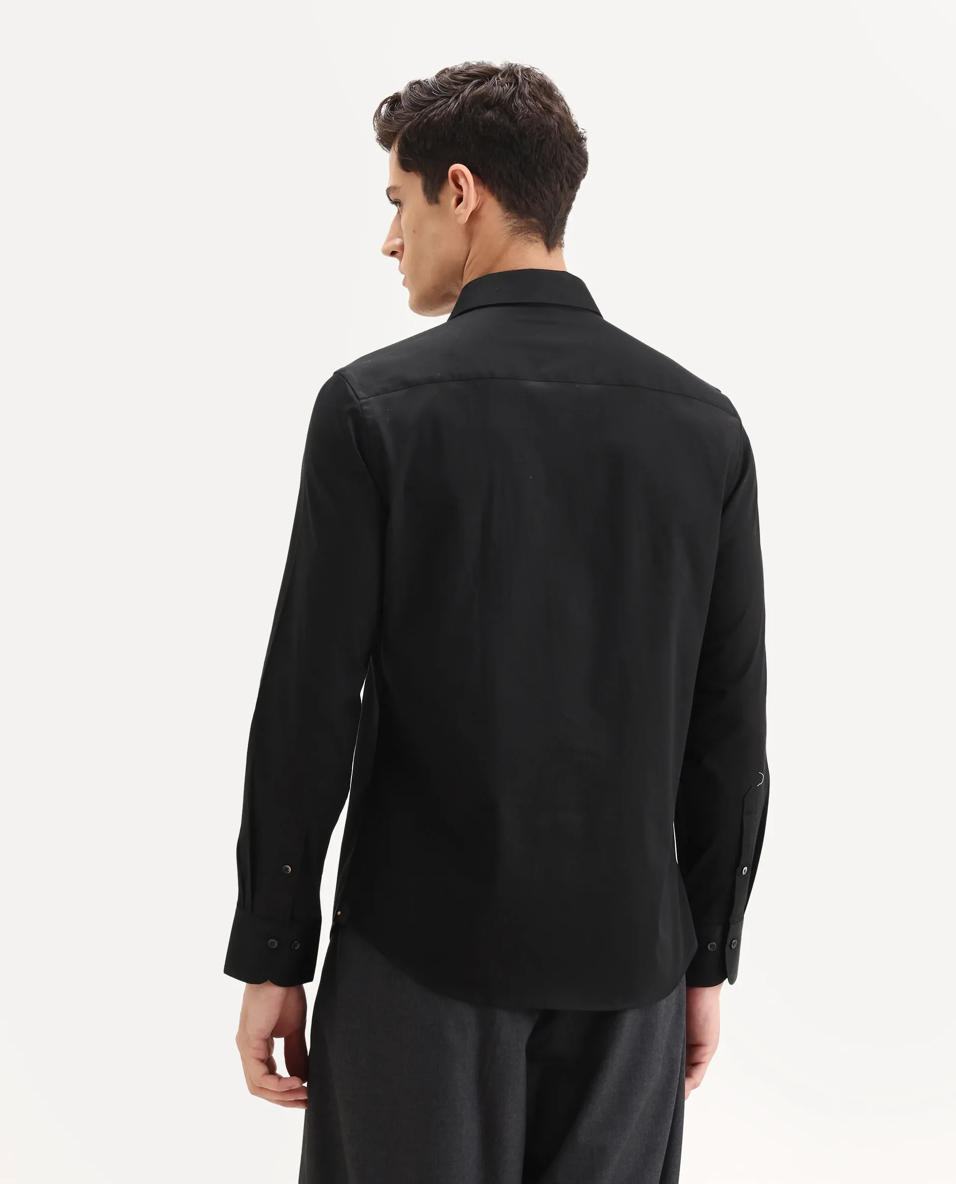 Rare Rabbit Men's Badgo Black Cotton Fabric Spread Collar Regular Fit Plain Shirt - Image 7