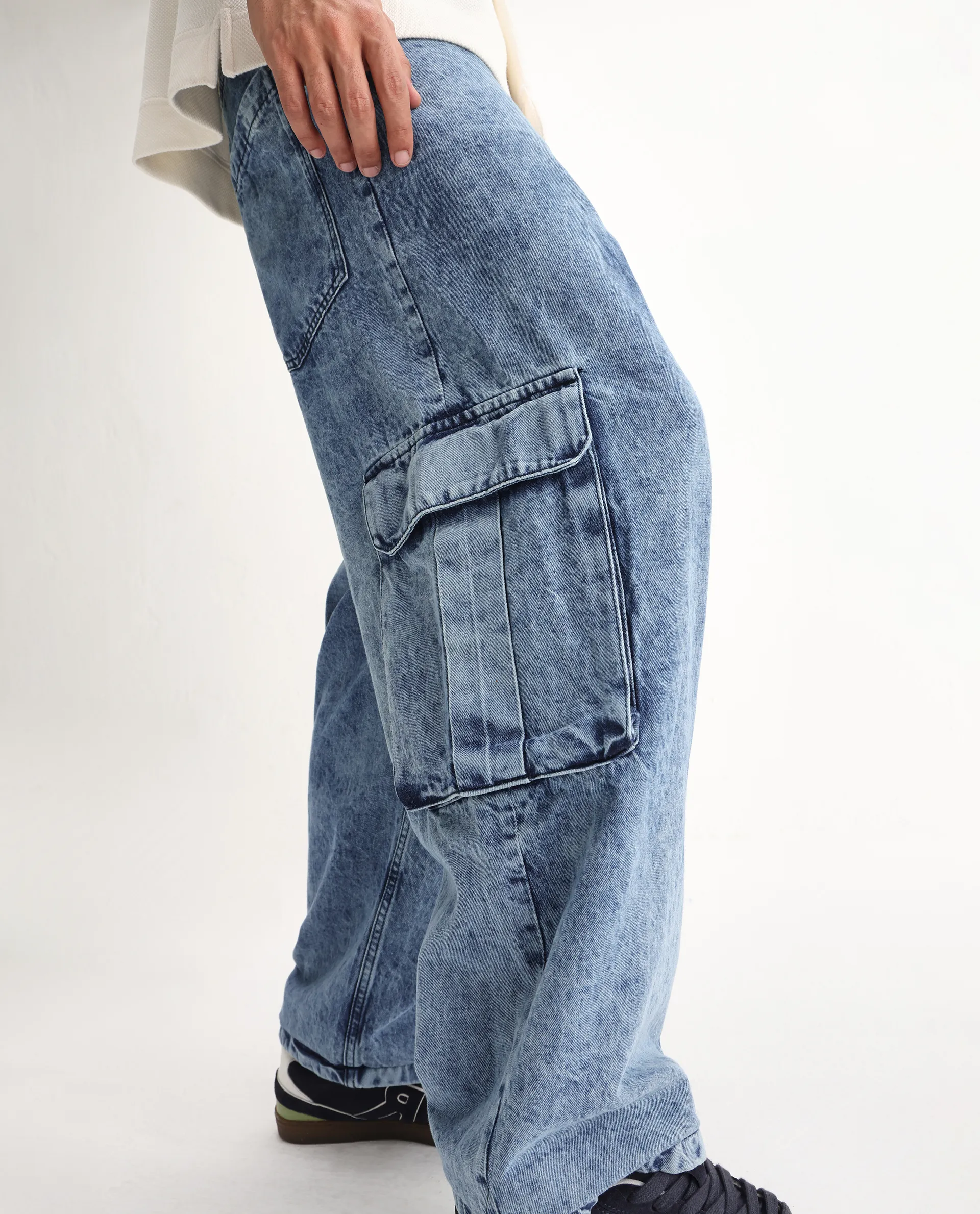 Rare Rabbit Men's Baey Blue Cotton Plain Baggy Fit Jeans - Image 2