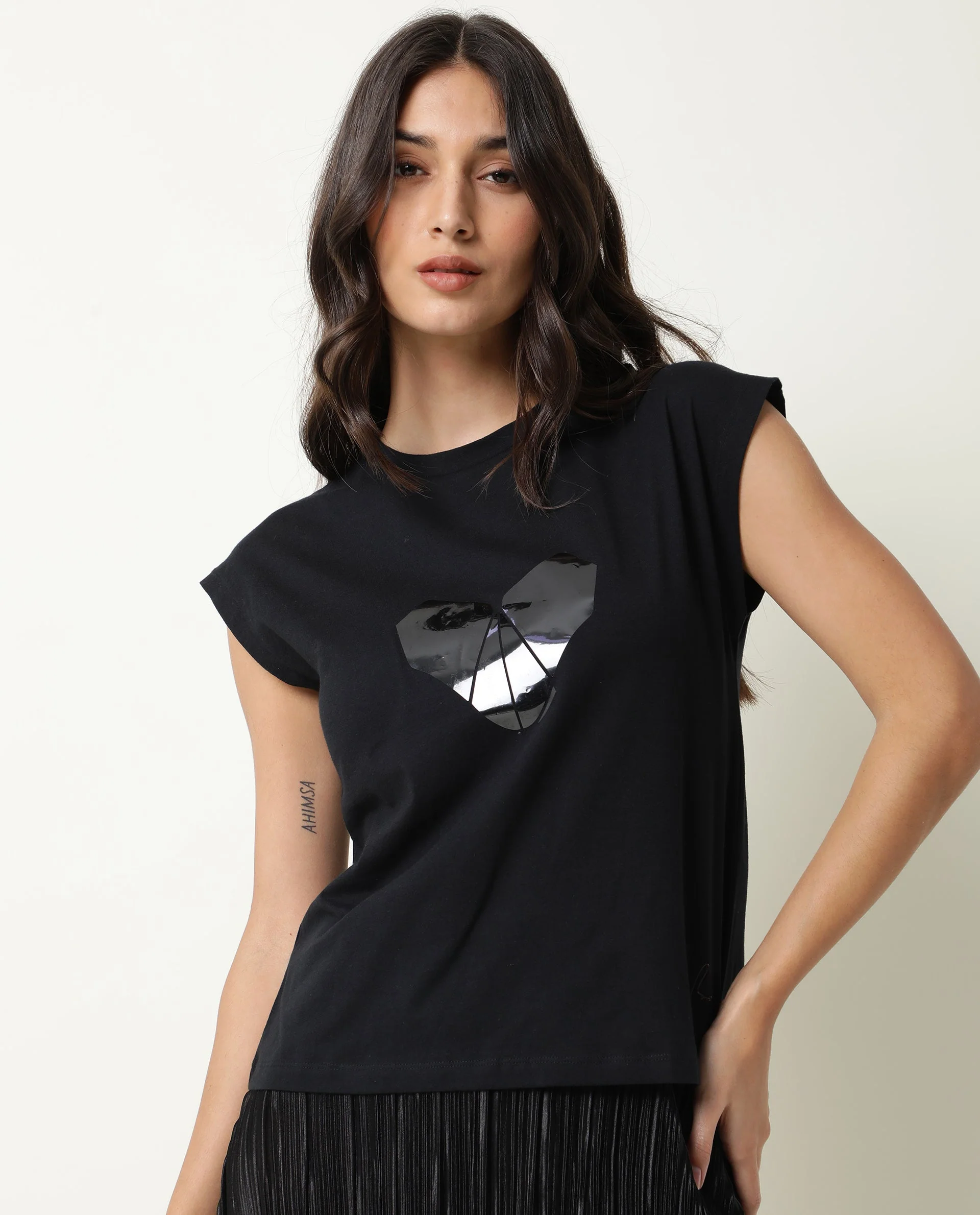 Rareism Womens Baga Black T-Shirt Cotton Fabric Crew Neck Short Sleeve