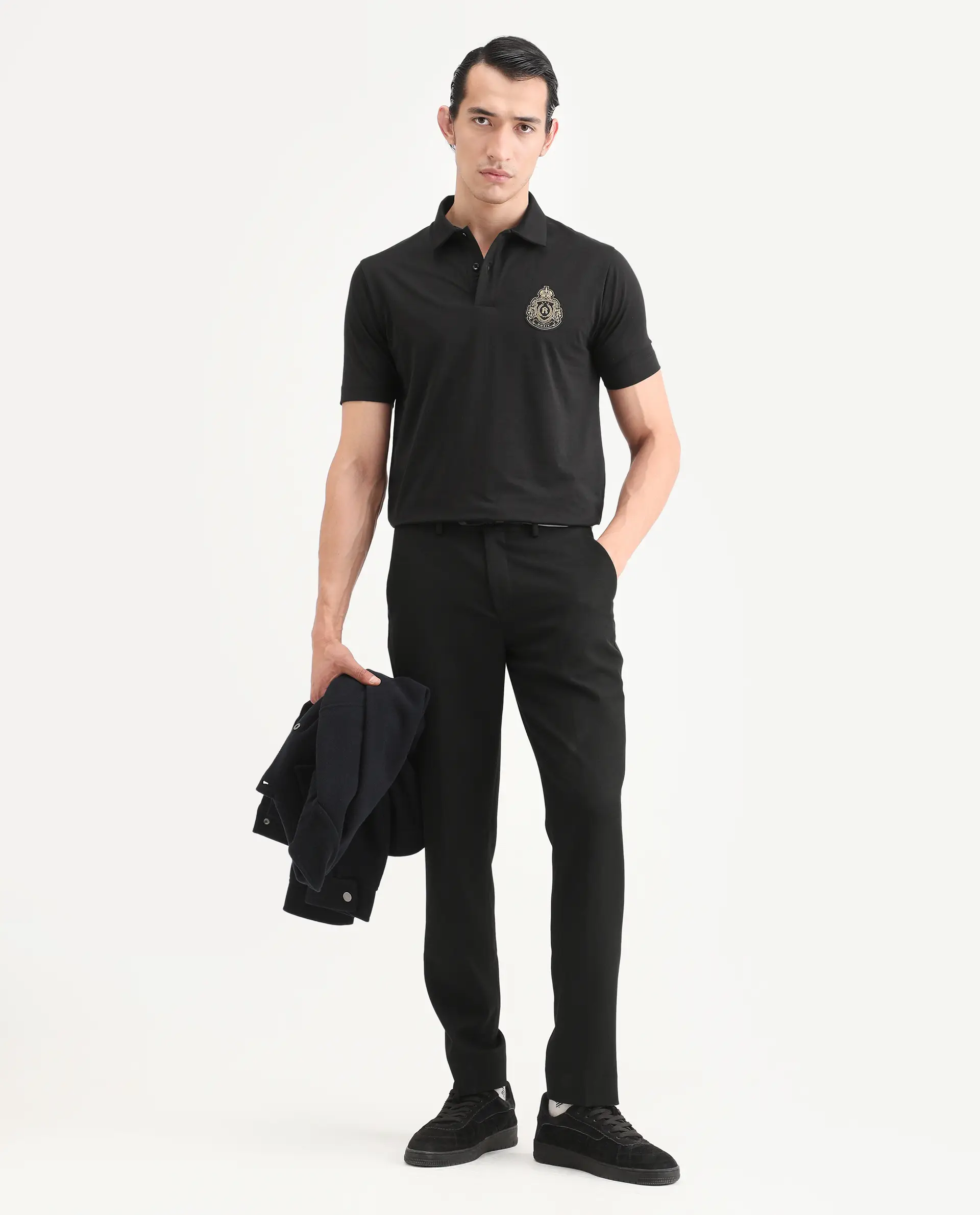 Rare Rabbit Men's Bage Black Cotton Blend Fabric Half Sleeve Spread Collar Regular Fit Plain Polo - Image 2