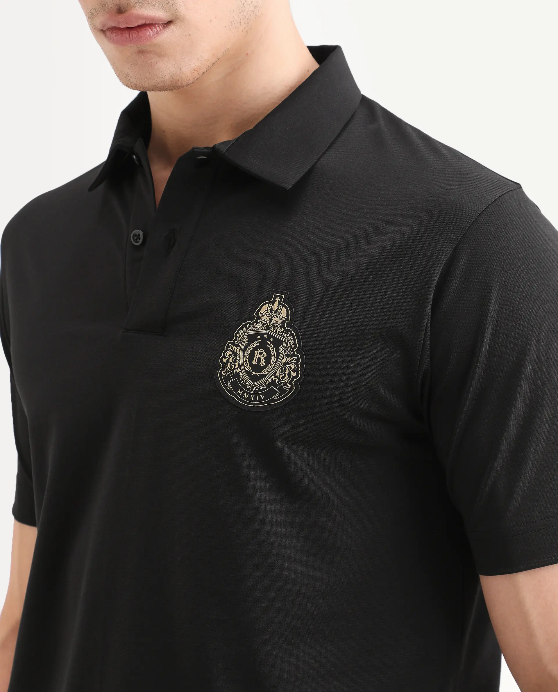 Rare Rabbit Men's Bage Black Cotton Blend Fabric Half Sleeve Spread Collar Regular Fit Plain Polo - Image 3