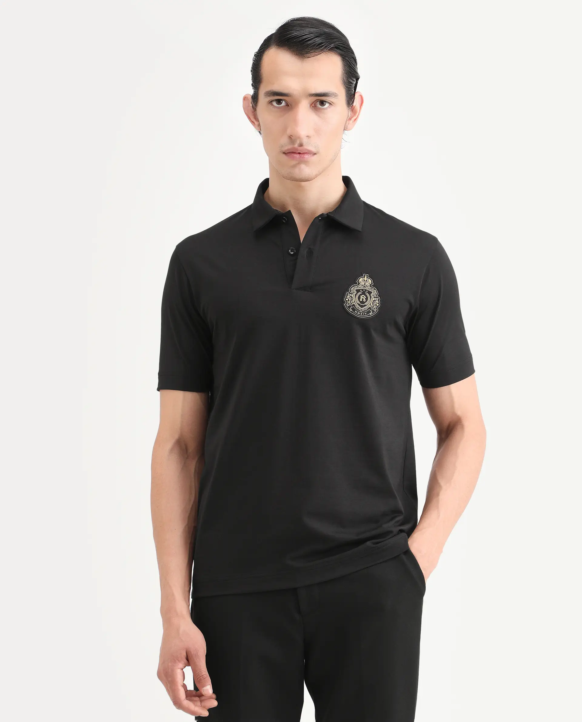 Rare Rabbit Men's Bage Black Cotton Blend Fabric Half Sleeve Spread Collar Regular Fit Plain Polo - Image 4