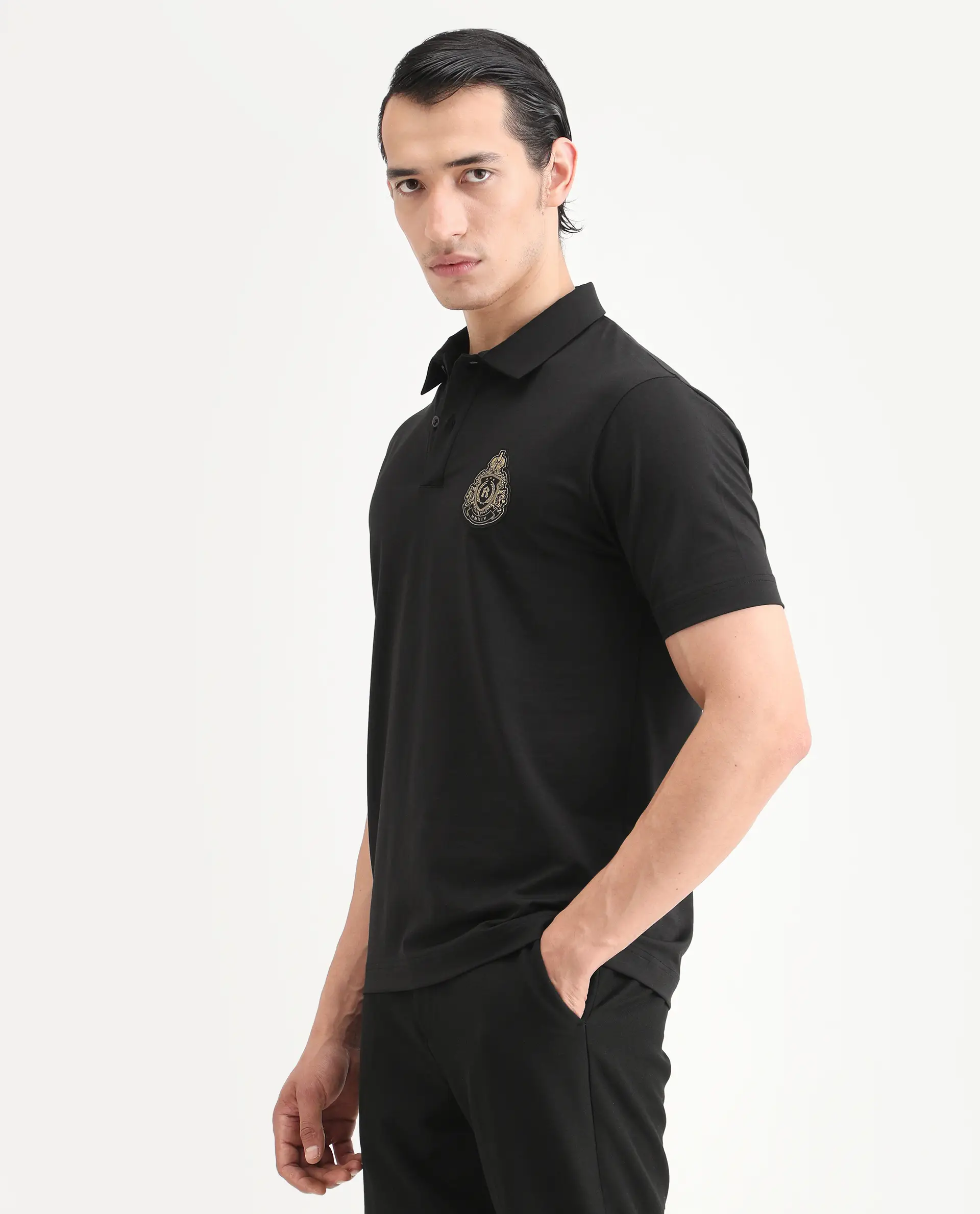 Rare Rabbit Men's Bage Black Cotton Blend Fabric Half Sleeve Spread Collar Regular Fit Plain Polo - Image 5