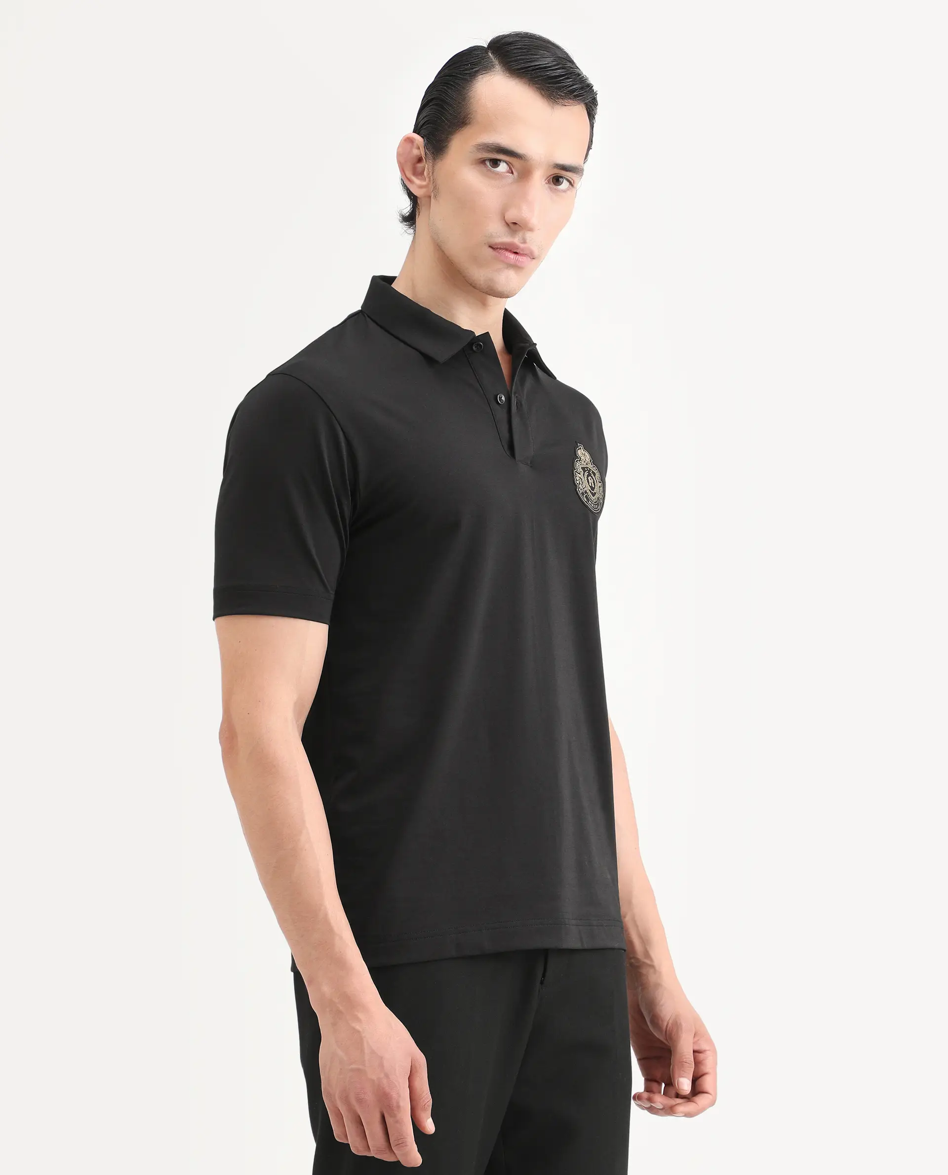 Rare Rabbit Men's Bage Black Cotton Blend Fabric Half Sleeve Spread Collar Regular Fit Plain Polo - Image 6