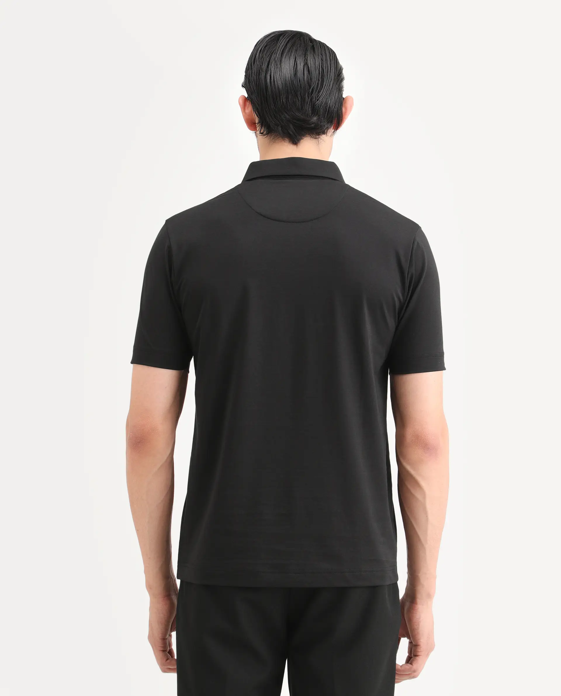 Rare Rabbit Men's Bage Black Cotton Blend Fabric Half Sleeve Spread Collar Regular Fit Plain Polo - Image 8