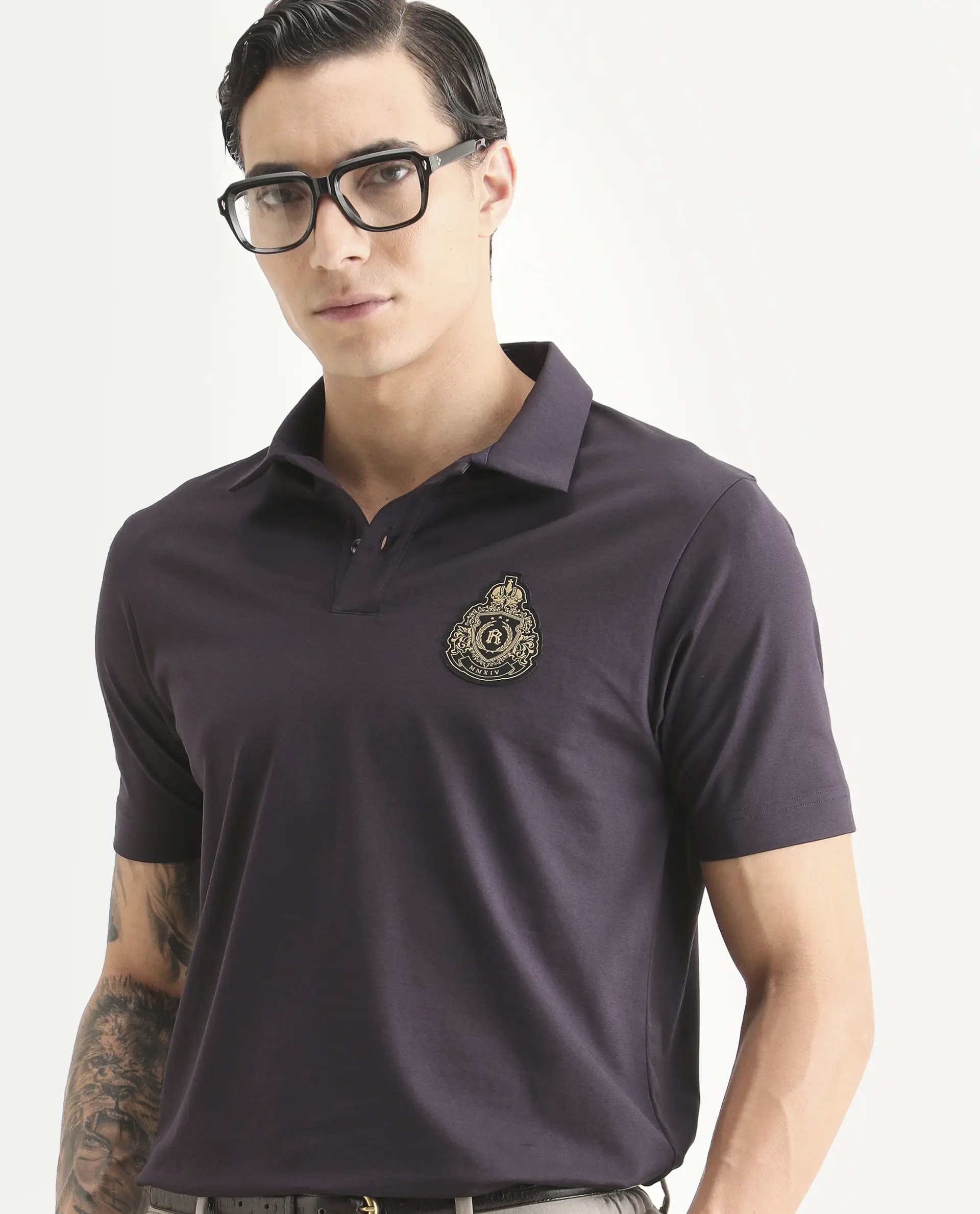 Rare Rabbit Men's Bage Flouroscent Purple Cotton Blend Fabric Half Sleeve Spread Collar Regular Fit Plain Polo