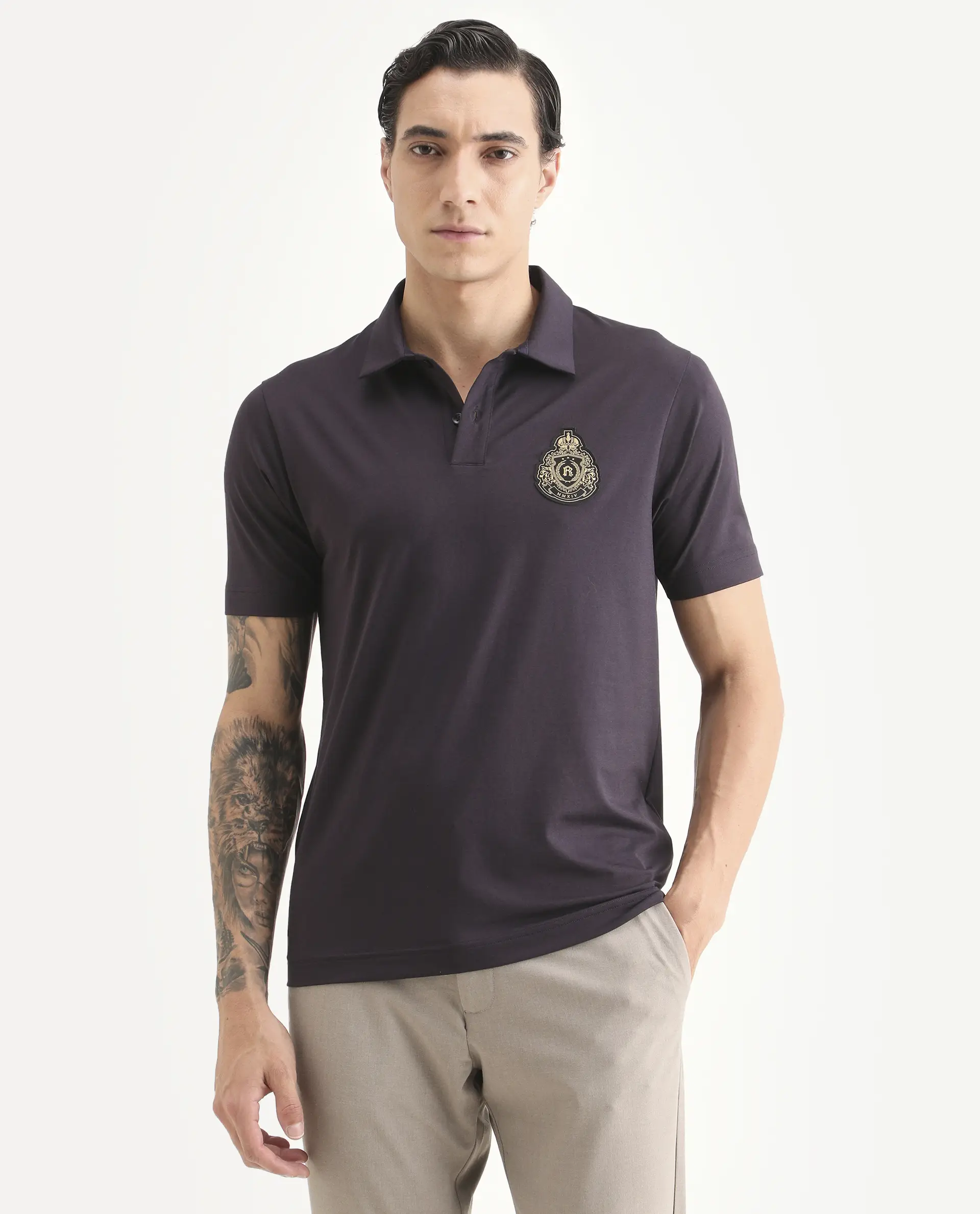 Rare Rabbit Men's Bage Flouroscent Purple Cotton Blend Fabric Half Sleeve Spread Collar Regular Fit Plain Polo - Image 4
