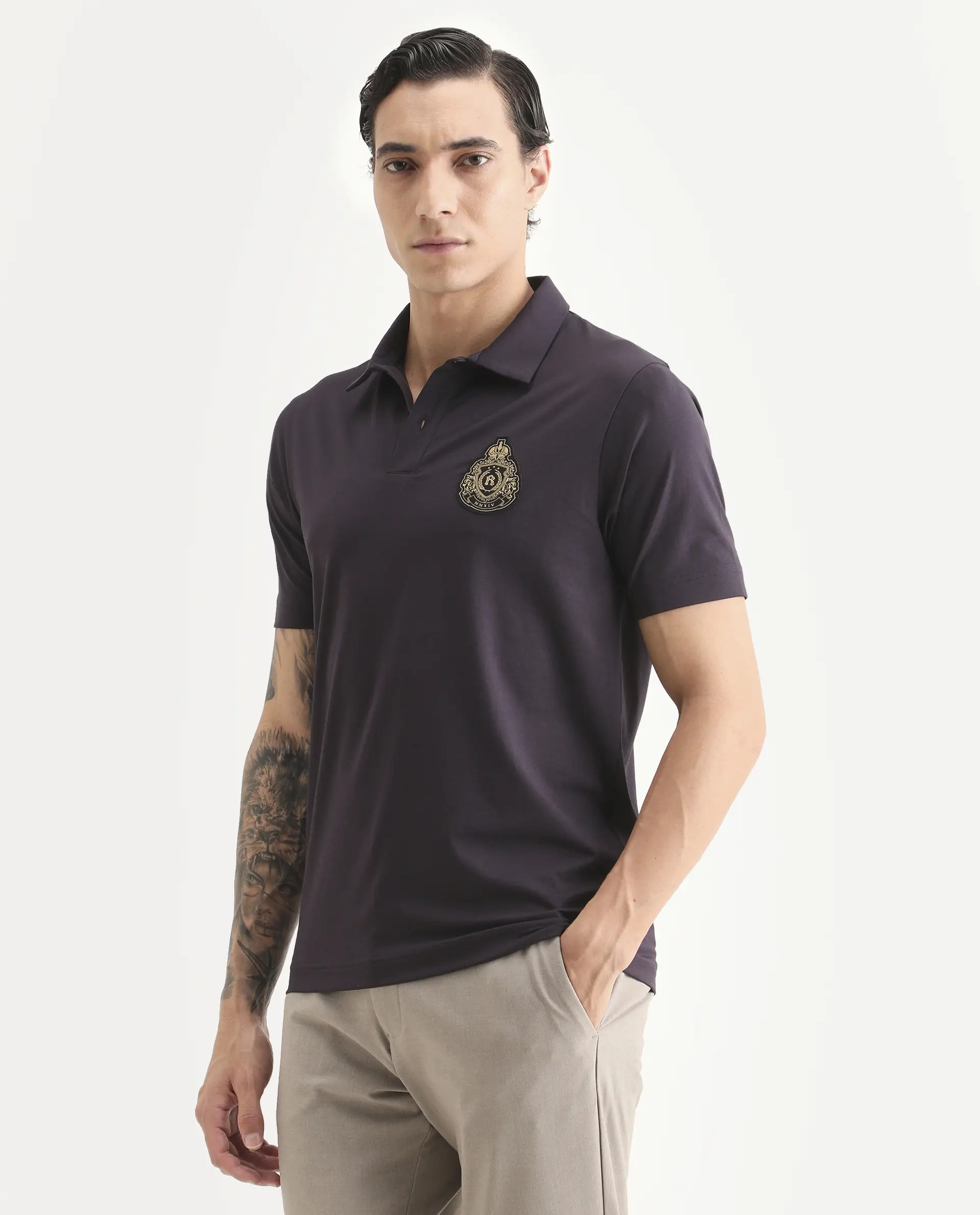 Rare Rabbit Men's Bage Flouroscent Purple Cotton Blend Fabric Half Sleeve Spread Collar Regular Fit Plain Polo - Image 5