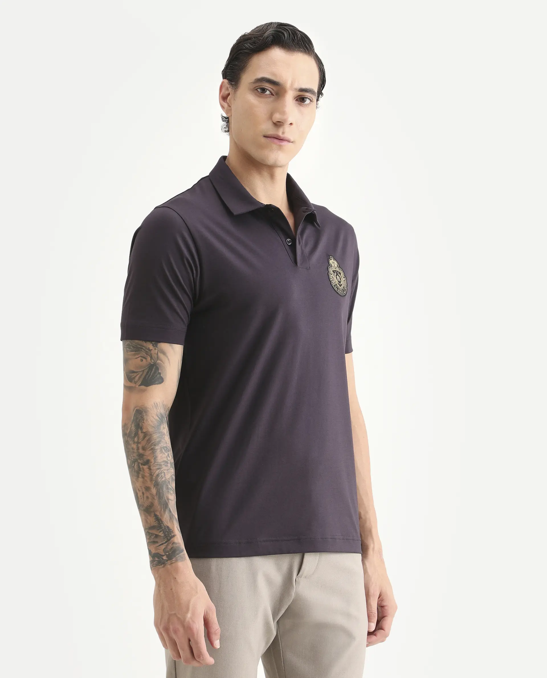Rare Rabbit Men's Bage Flouroscent Purple Cotton Blend Fabric Half Sleeve Spread Collar Regular Fit Plain Polo - Image 6