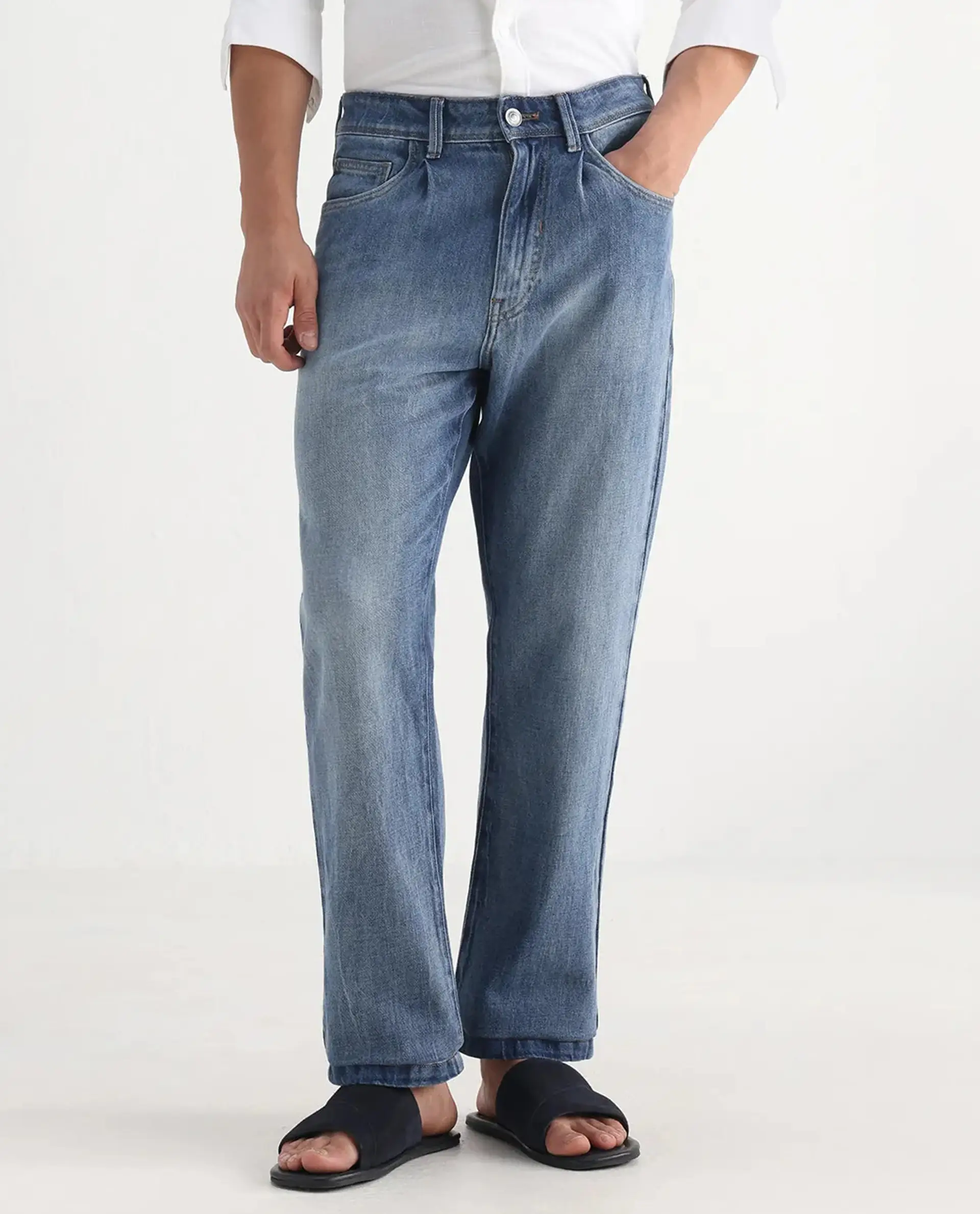 Rare Rabbit Men's Bagg-2 Blue Cotton Plain Morris Regular Fit Jeans - Image 10