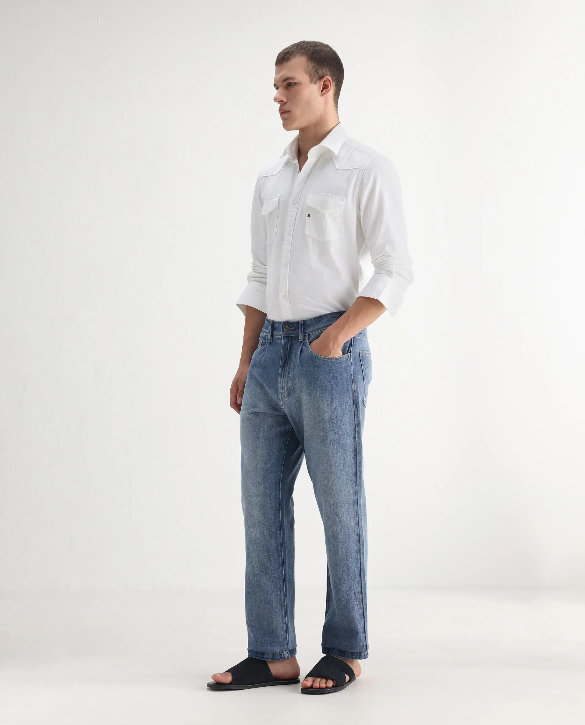 Rare Rabbit Men's Bagg-2 Blue Cotton Plain Morris Regular Fit Jeans - Image 6