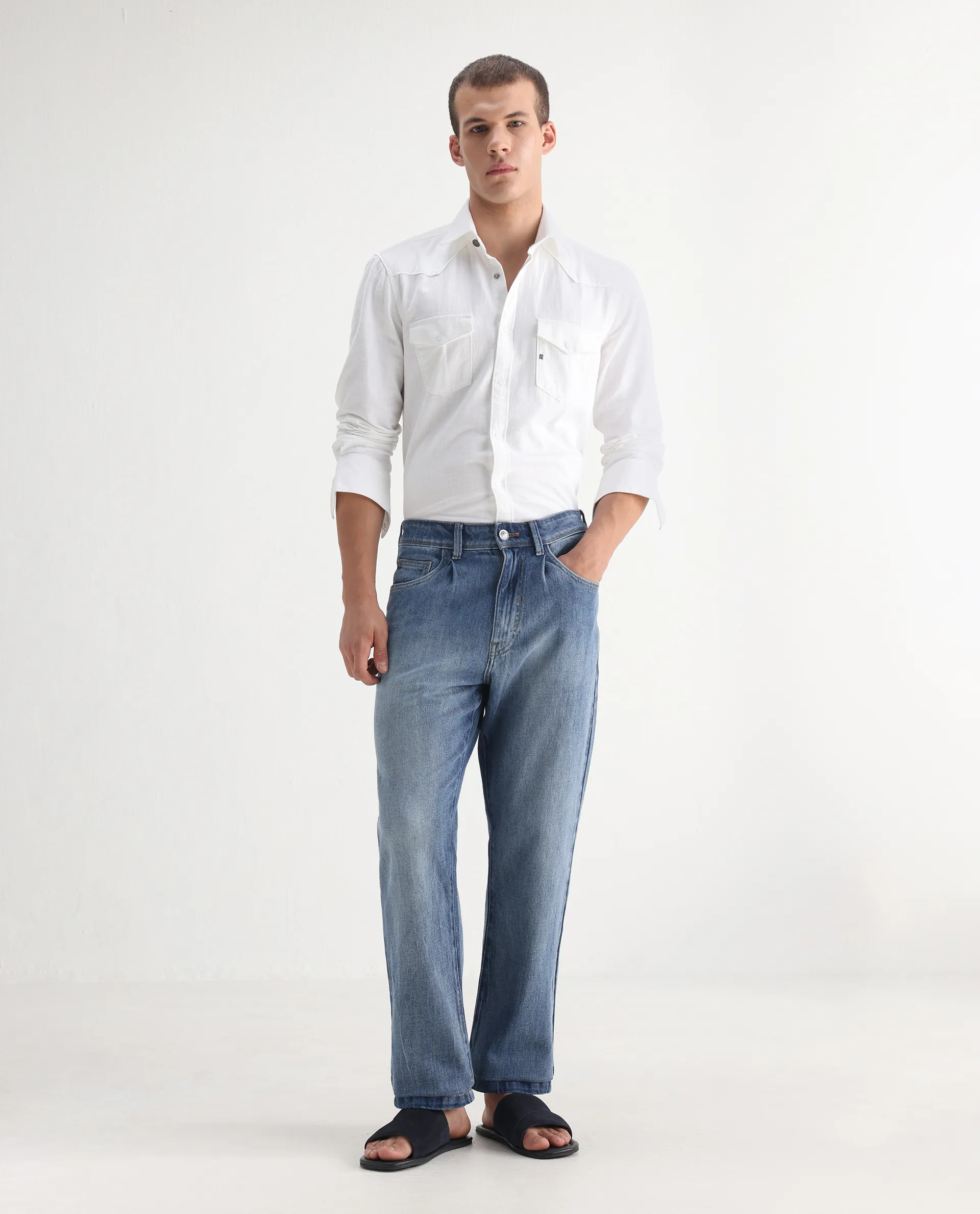 Rare Rabbit Men's Bagg-2 Blue Cotton Plain Morris Regular Fit Jeans - Image 7