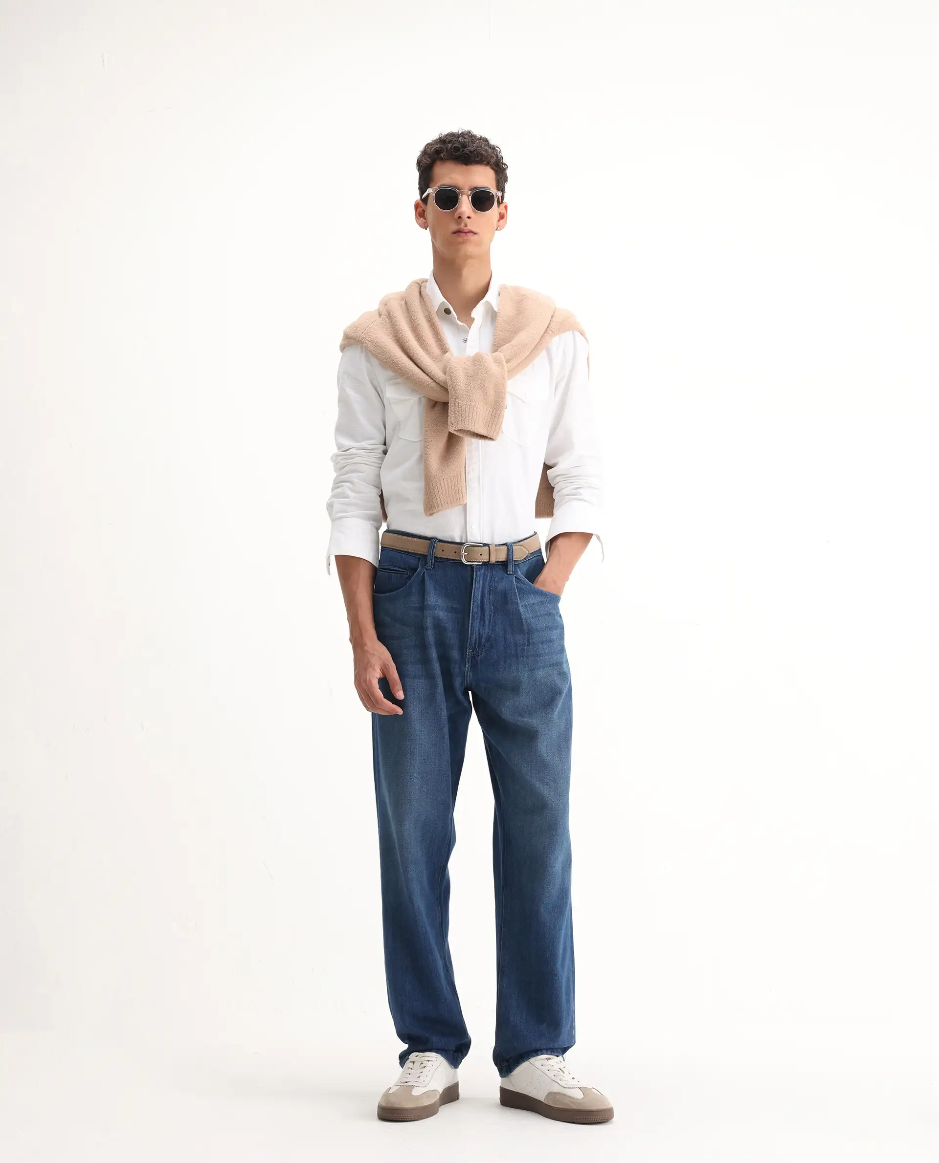 Rare Rabbit Men's Bagg Blue Cotton Plain Baggy Fit Jeans