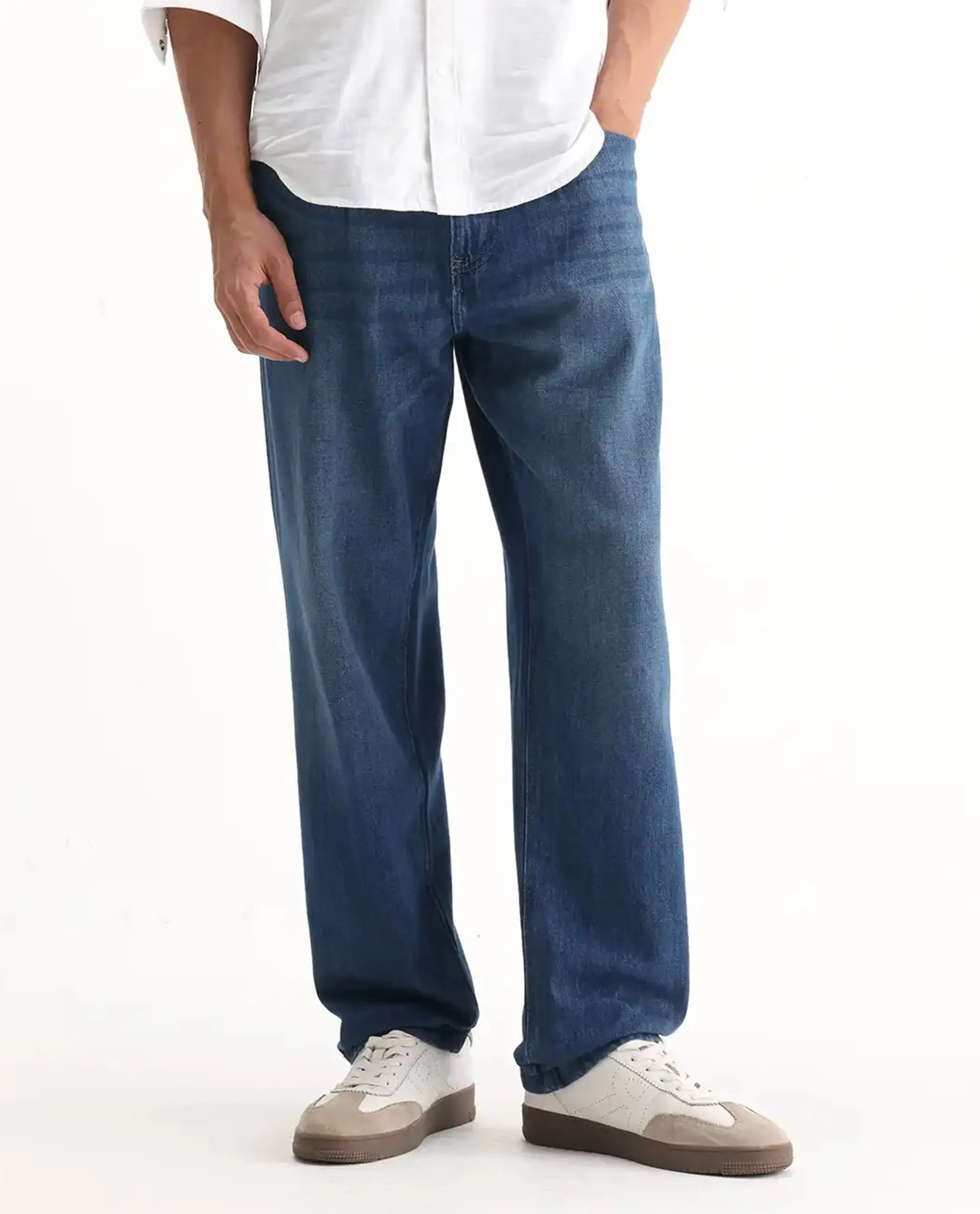 Rare Rabbit Men's Bagg Blue Cotton Plain Baggy Fit Jeans - Image 10