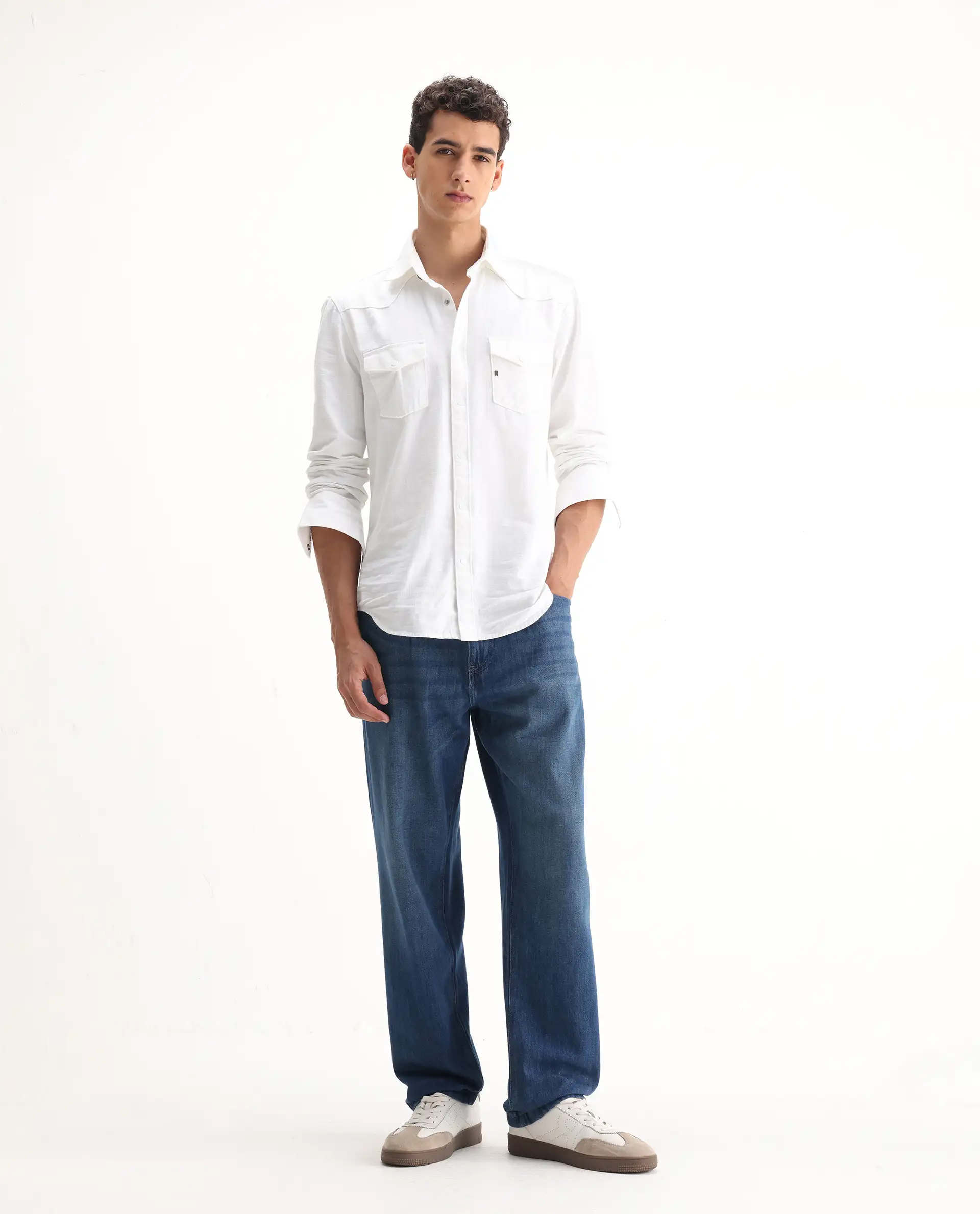 Rare Rabbit Men's Bagg Blue Cotton Plain Baggy Fit Jeans - Image 6