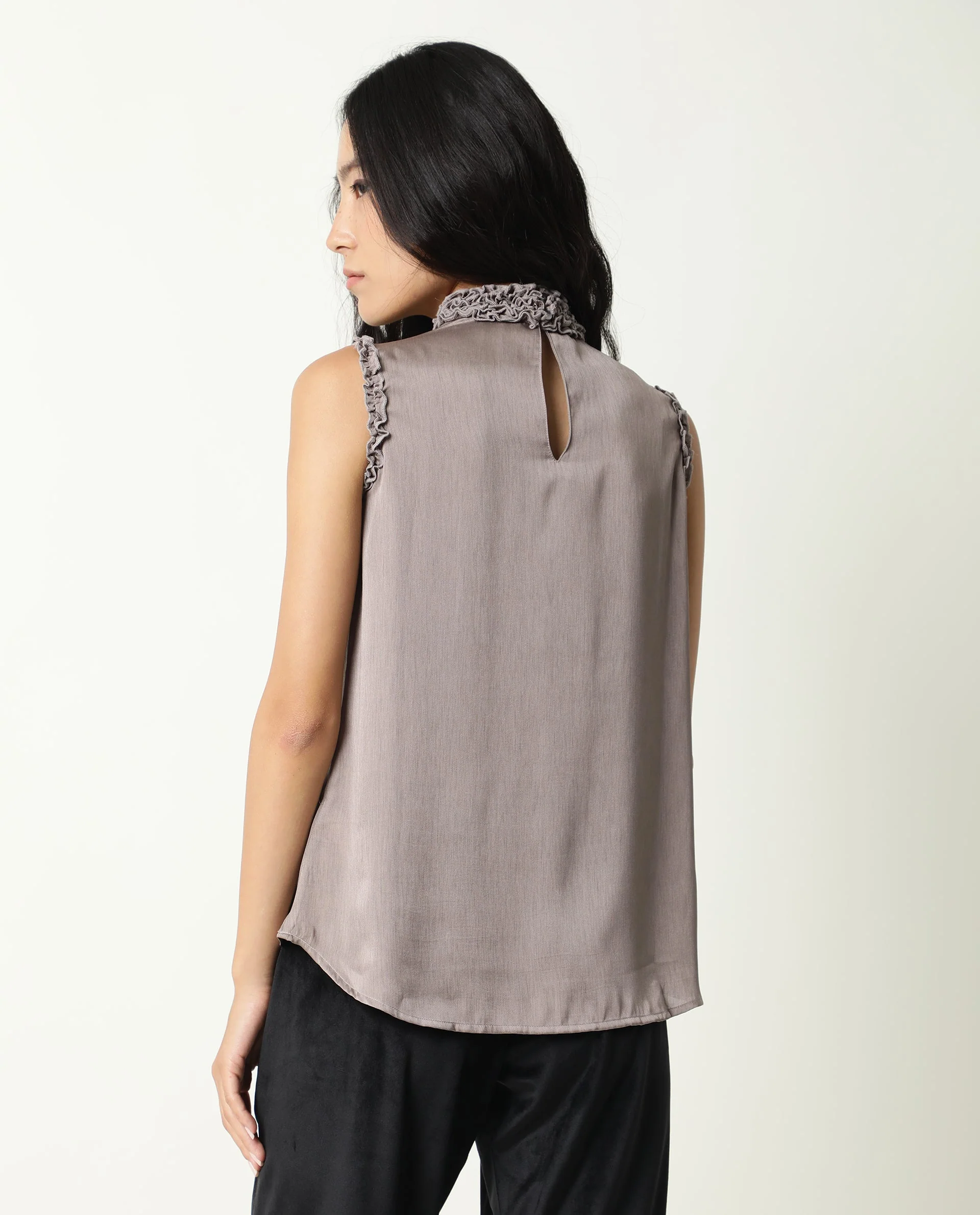Rareism Womens Baileys Beige Top Polyester Fabric Sleeveless Ruffled Neck - Image 10