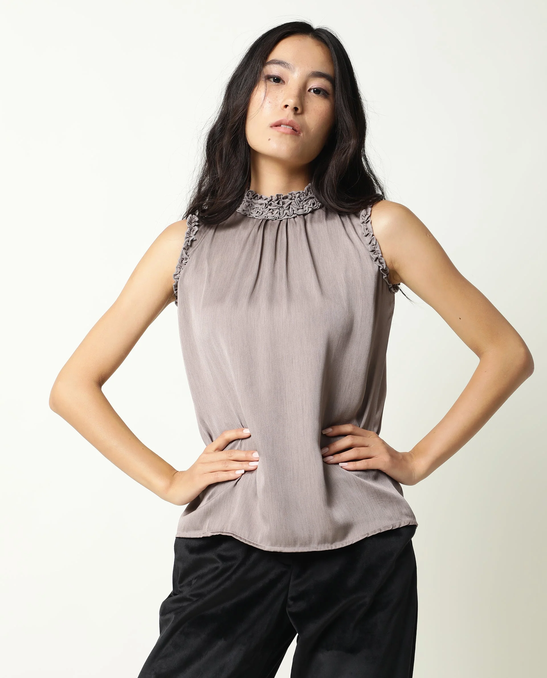 Rareism Womens Baileys Beige Top Polyester Fabric Sleeveless Ruffled Neck - Image 11