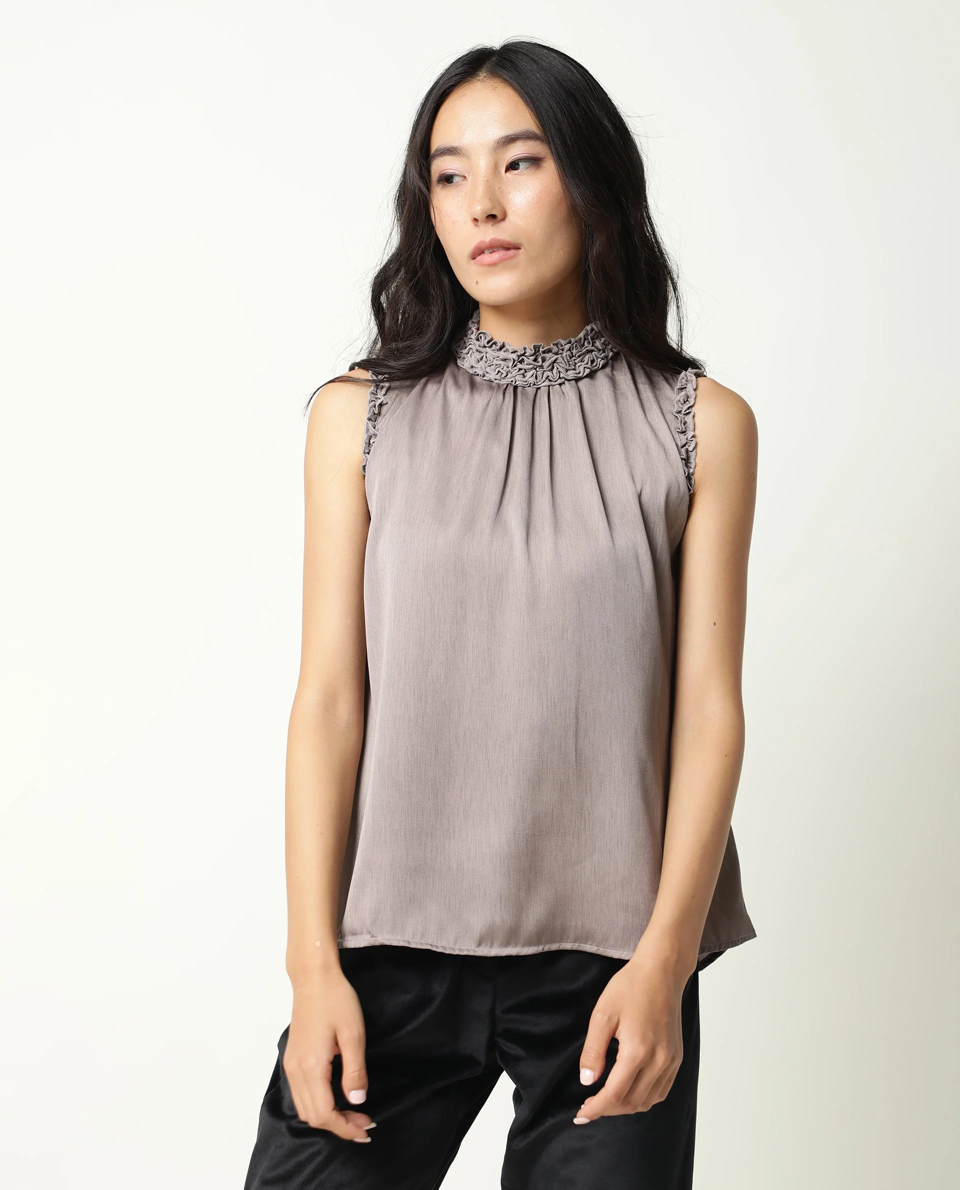 Rareism Womens Baileys Beige Top Polyester Fabric Sleeveless Ruffled Neck - Image 6